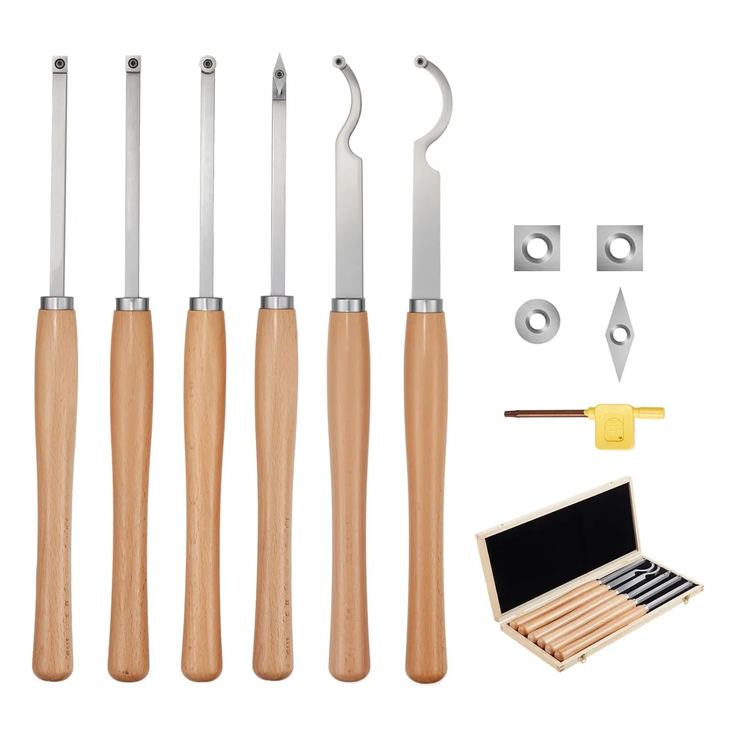 6PCS Wood Turning Tool Set with Carbide Inserts, Lathe Tools Kit in Wooden Box for Beginners &amp; Professionals