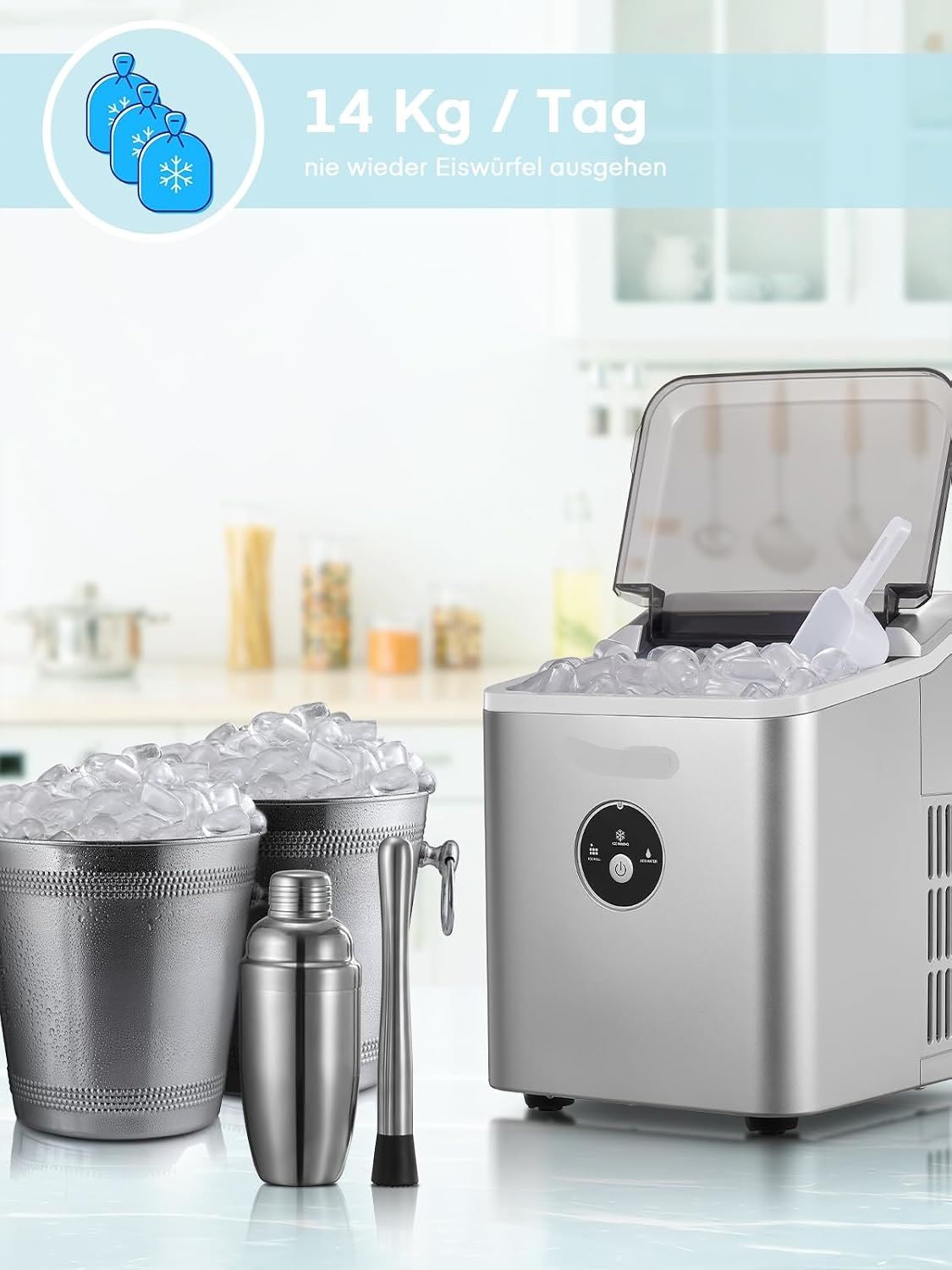14kg Portable Ice Cube Maker Machine with Basket and Shovel
