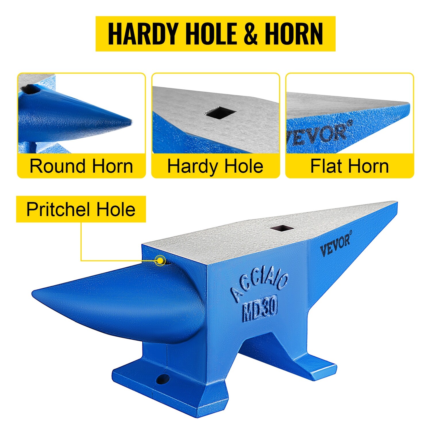 Round Horn 66 lb / 30 kg Steel Blacksmith Anvil – Drop-Forged Metalworking Anvil with Hardy &amp; Pritchel Holes