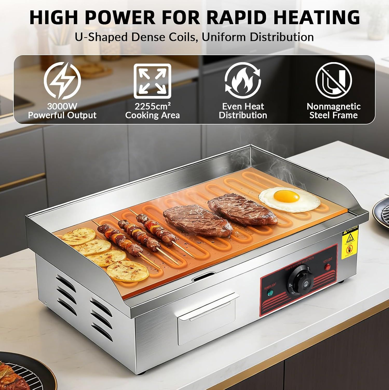 Commercial Electric Griddle 3000W 55cm Stainless Steel Flat Top Grill with Temperature Control
