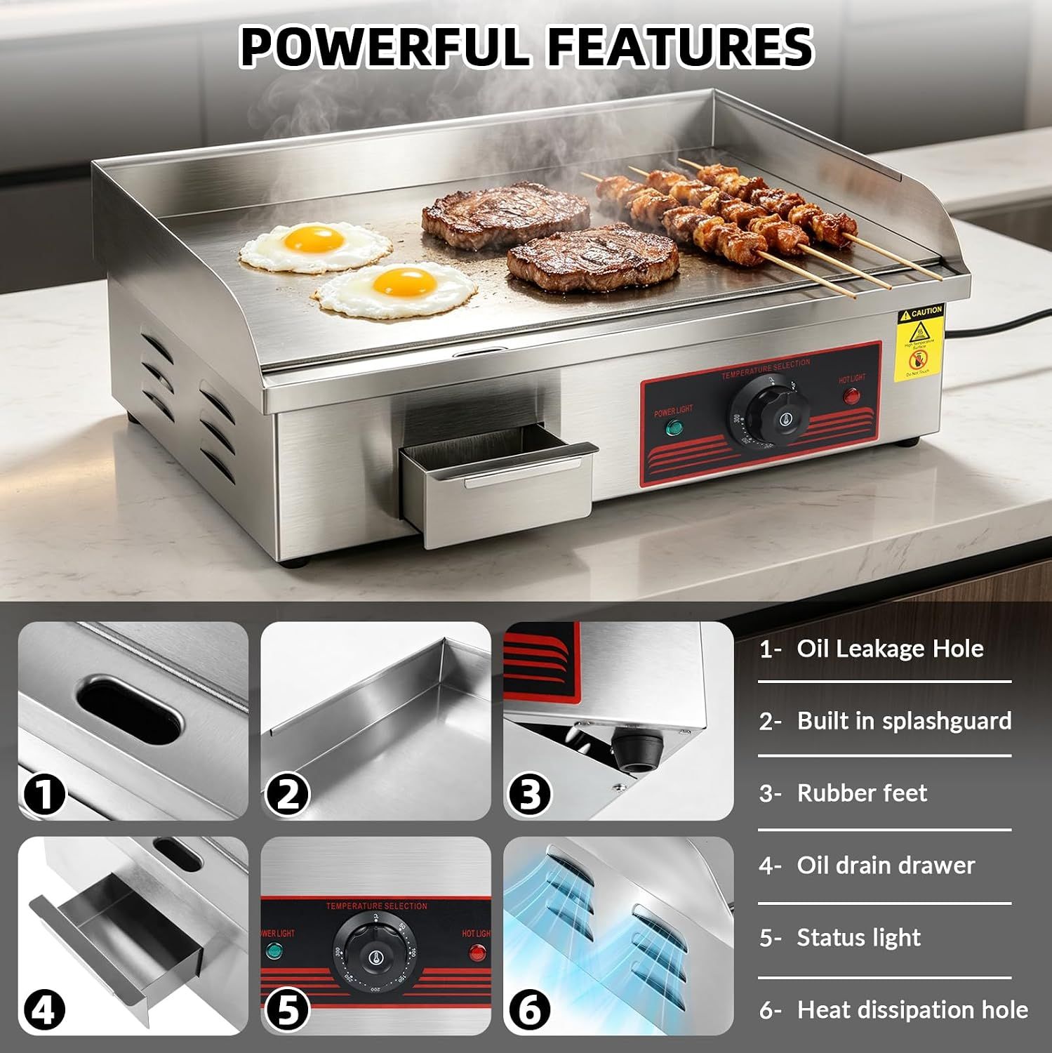 Commercial Electric Griddle 3000W 55cm Stainless Steel Flat Top Grill with Temperature Control