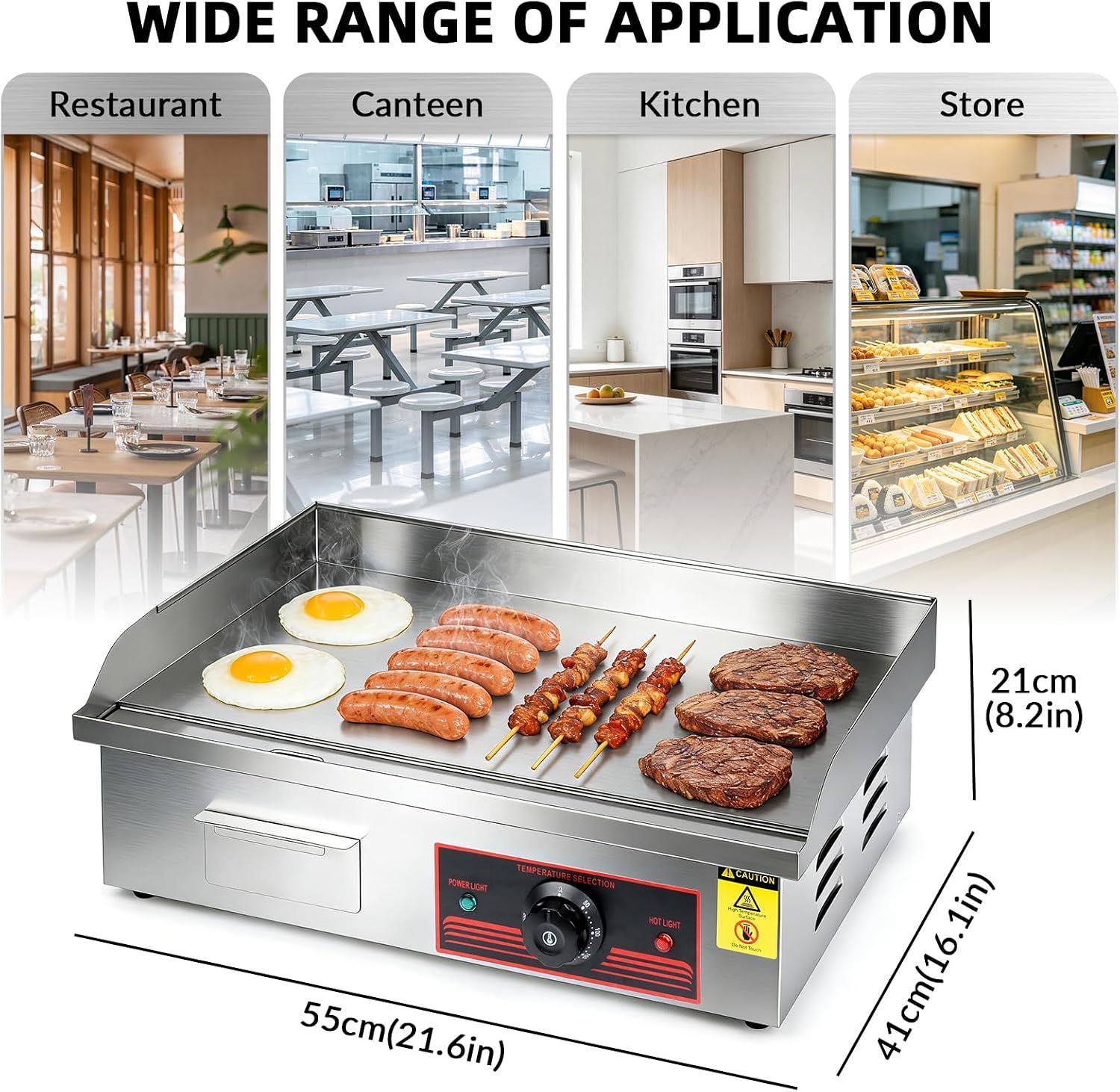 Commercial Electric Griddle 3000W 55cm Stainless Steel Flat Top Grill with Temperature Control