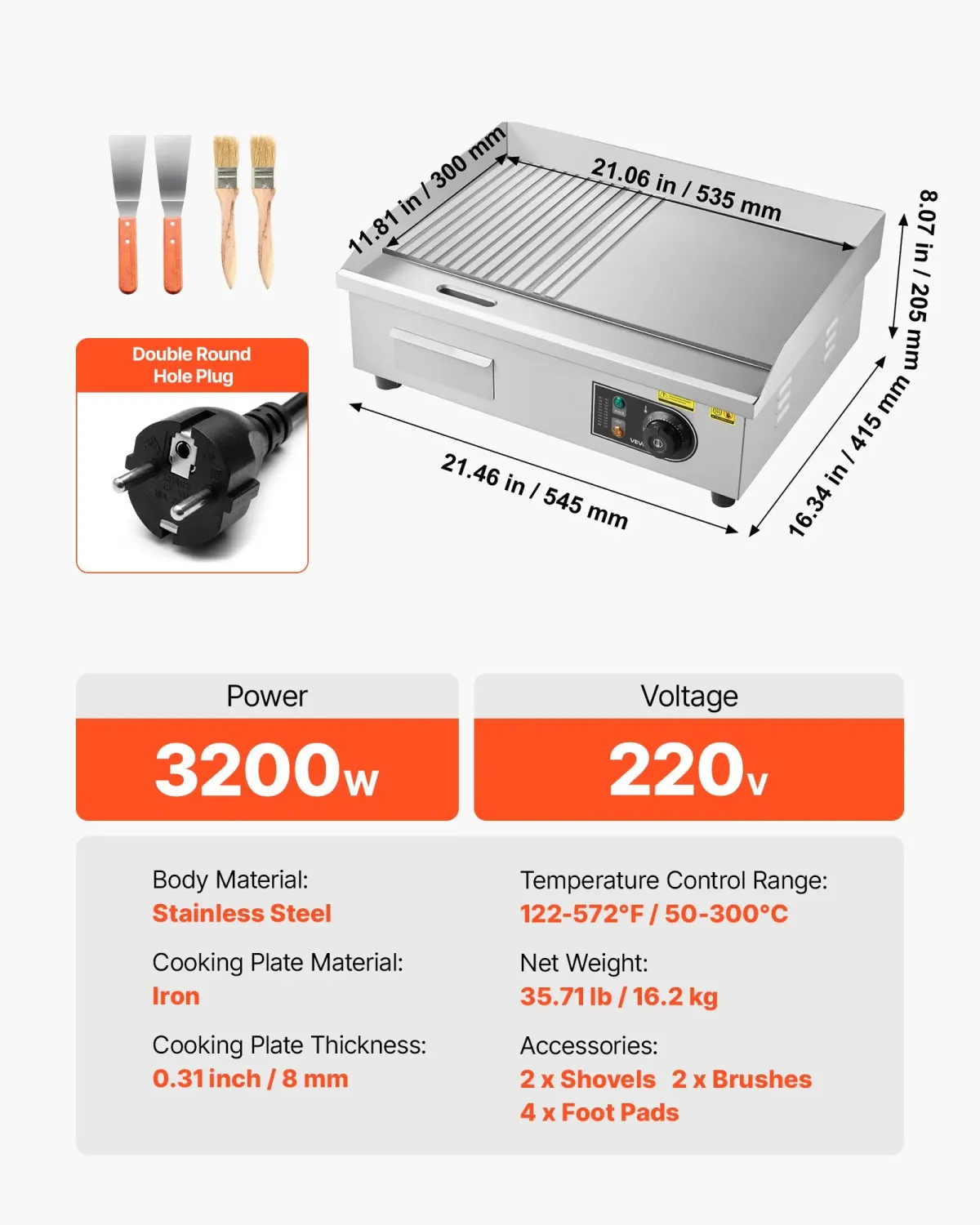Commercial Electric Griddle 3200W Stainless Steel Grill