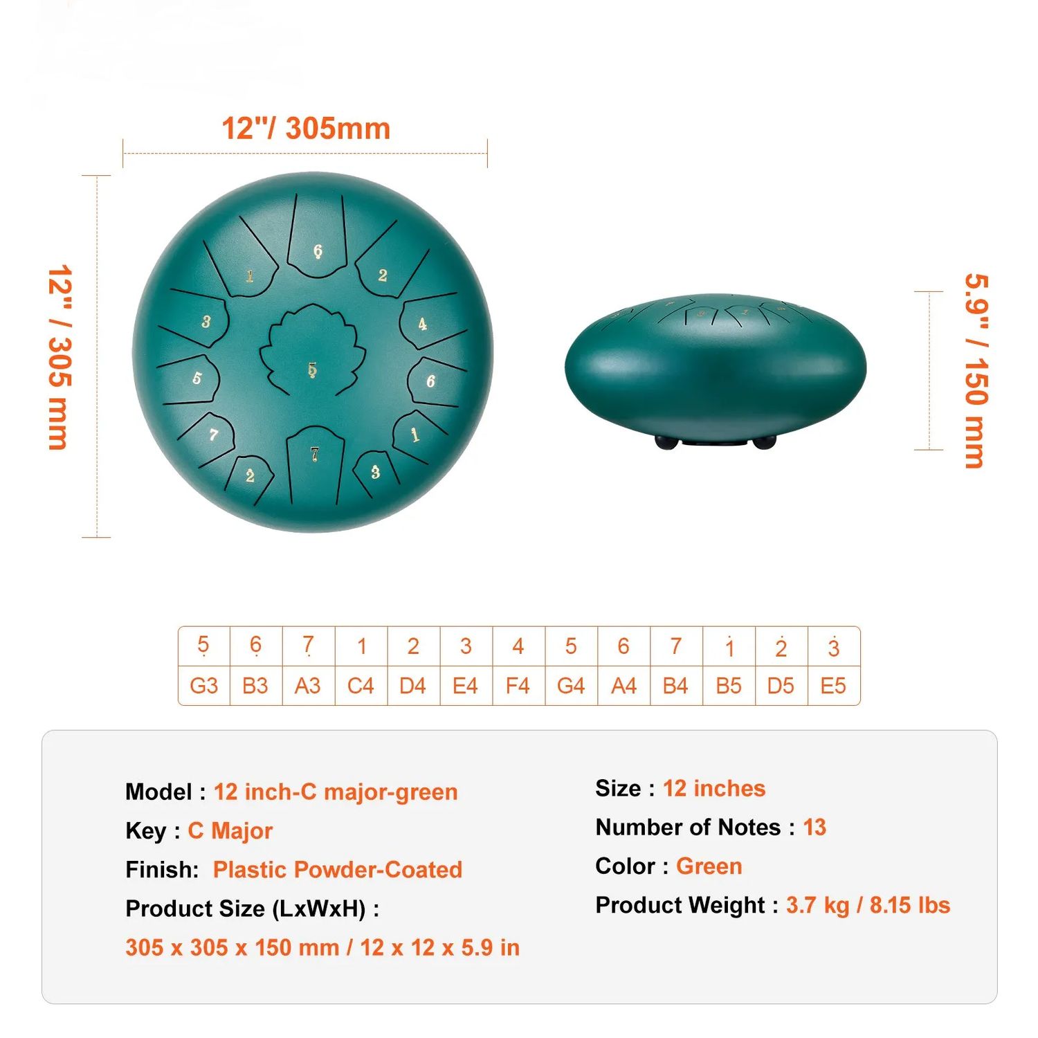 Steel Drum 12-Inch 13-Tone Steel Tongue Drum – C Major | Green
