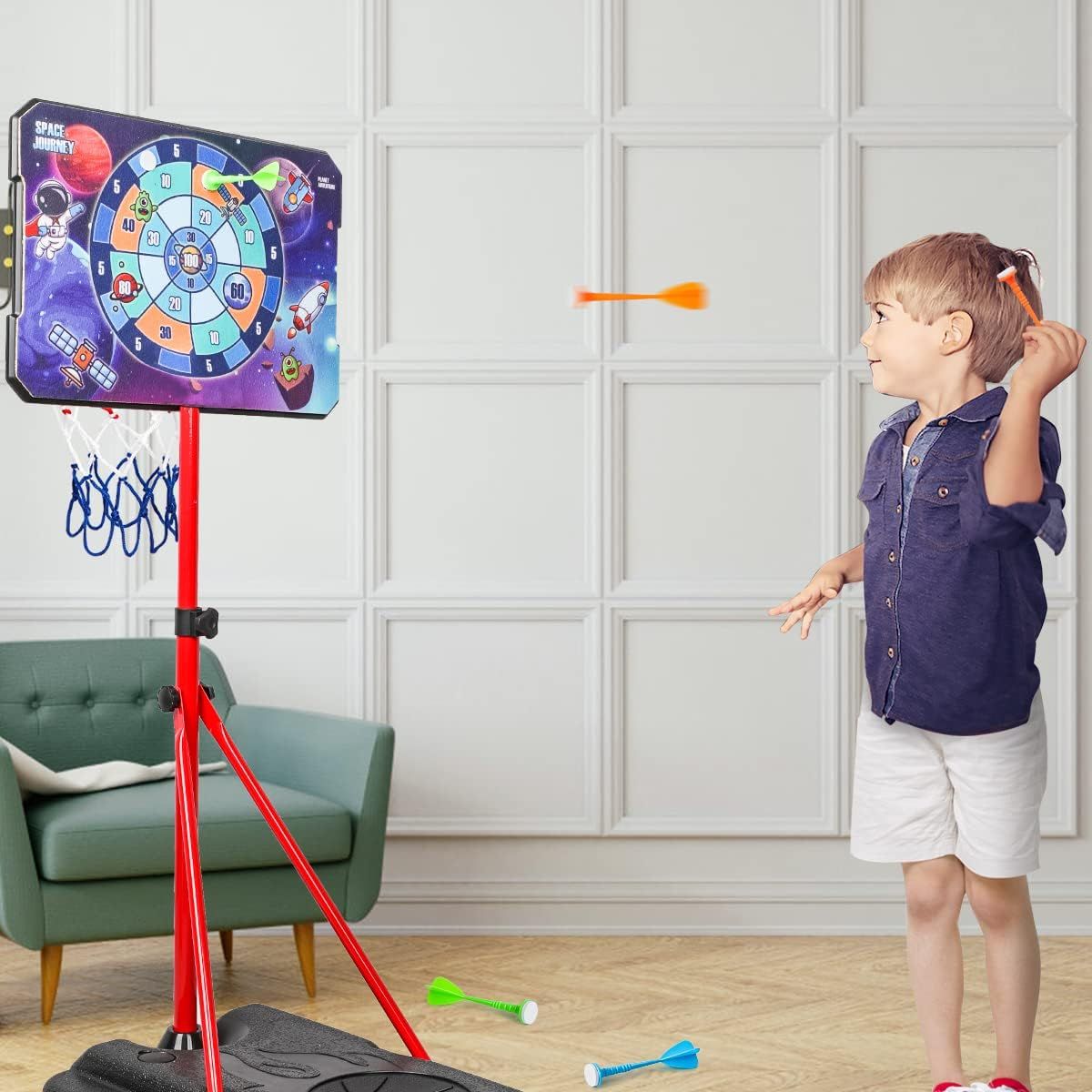 Kids Basketball Hoop 104–190cm, Height Adjustable Stand, 2-in-1 Basketball &amp; Dart Board Set with 3 Mini Balls