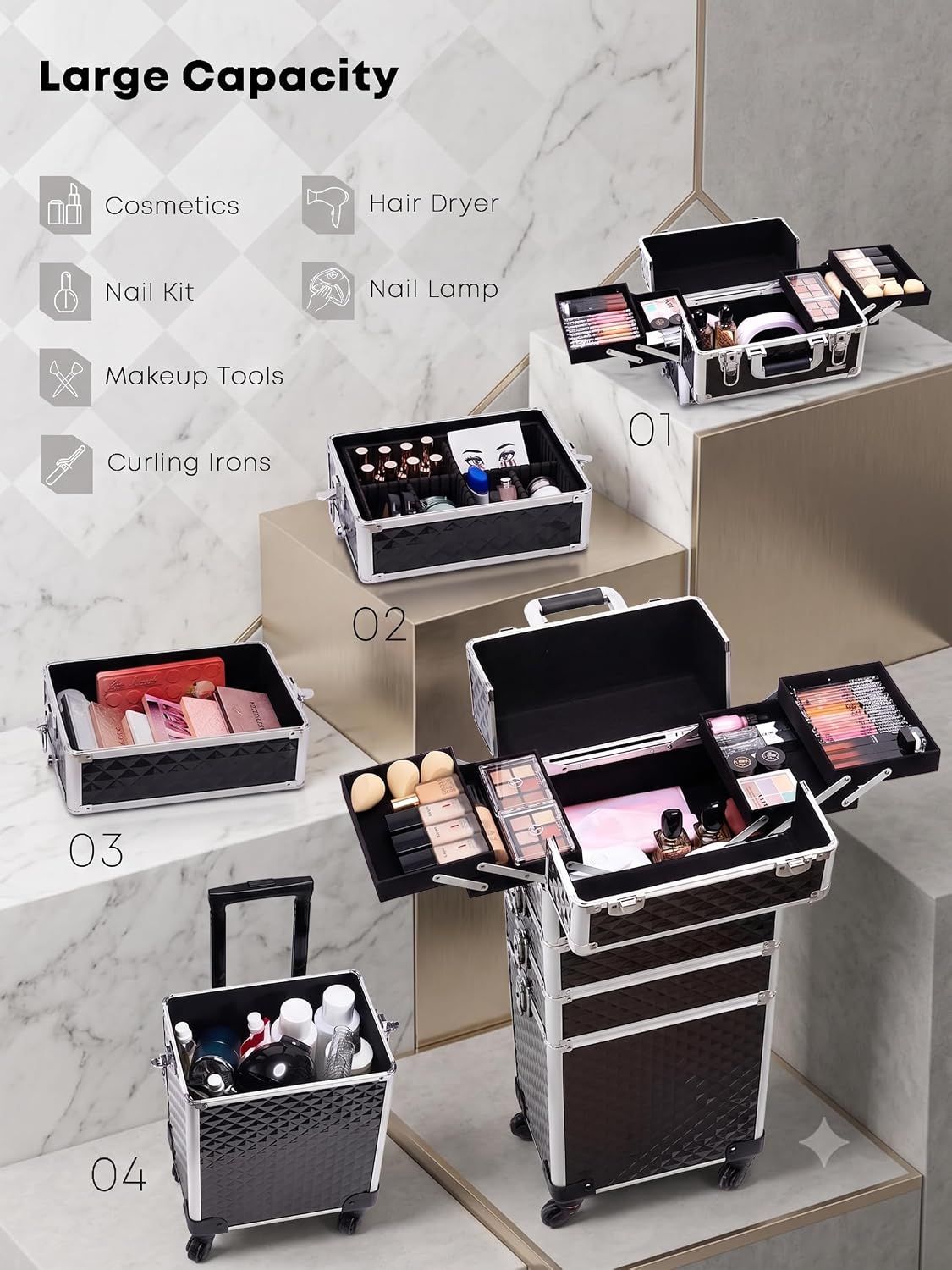 Professional 4-in-1 Rolling Makeup Train Case – Cosmetic Trolley