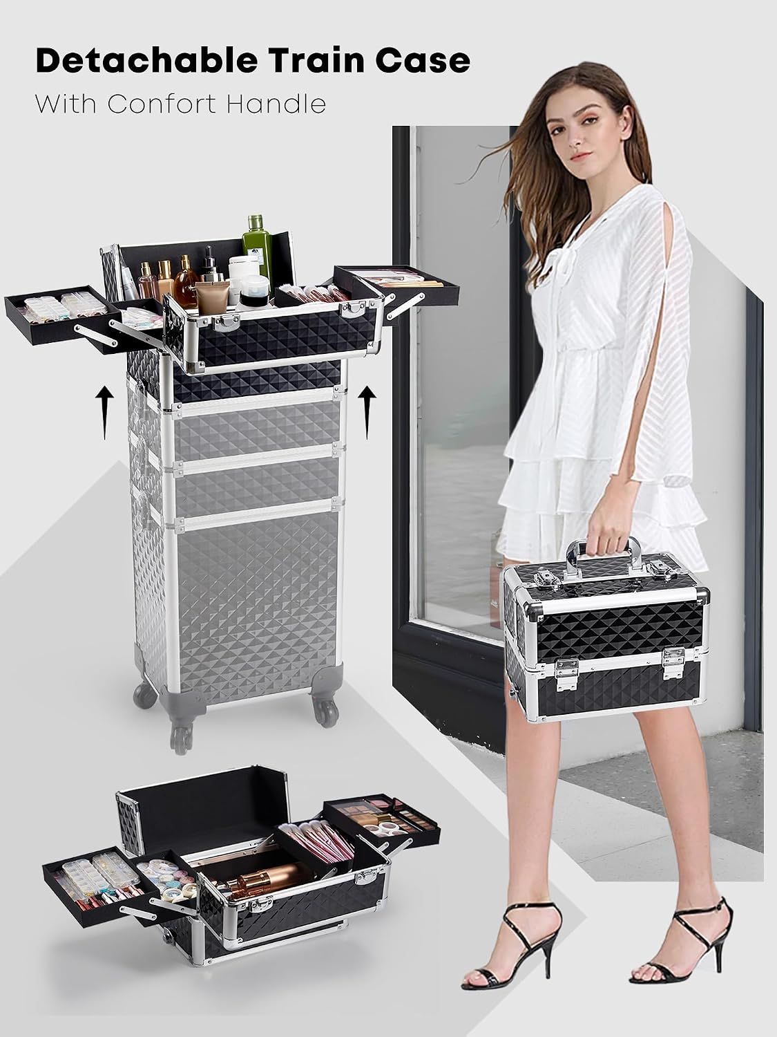 Professional 4-in-1 Rolling Makeup Train Case – Cosmetic Trolley
