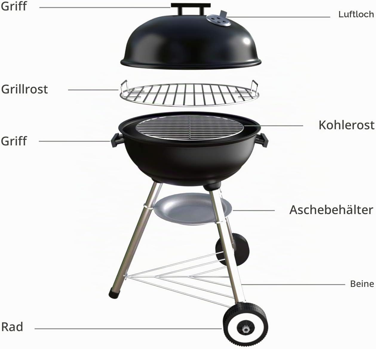 Charcoal Kettle BBQ Grill with Lid, 41cm Round Barbecue