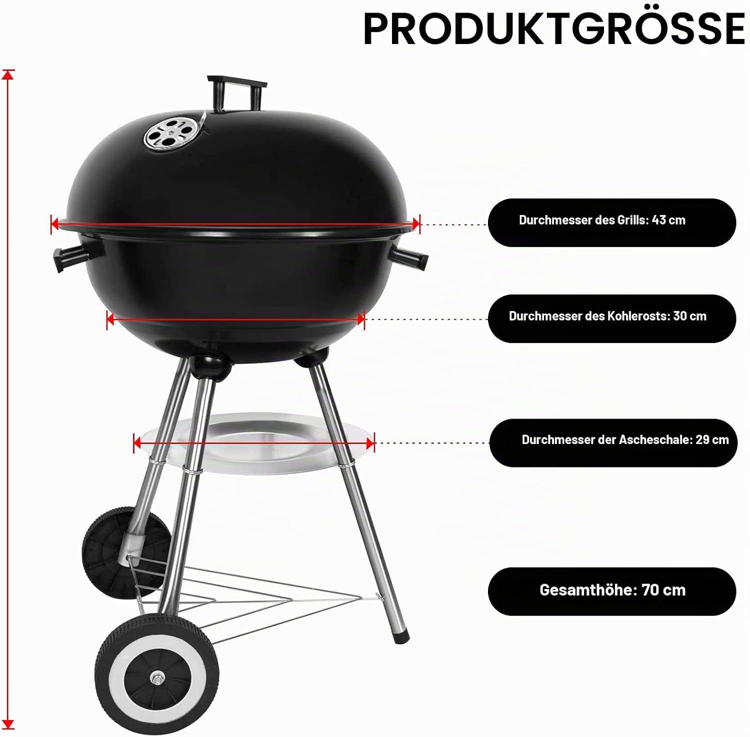 Charcoal Kettle BBQ Grill with Lid, 41cm Round Barbecue