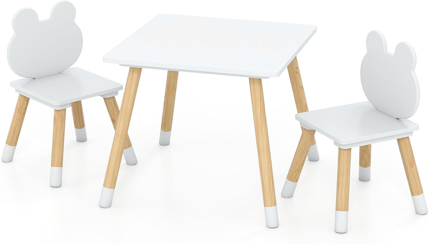 Kids Wooden Table and 2 Chairs Set, White, Froggy Backrest