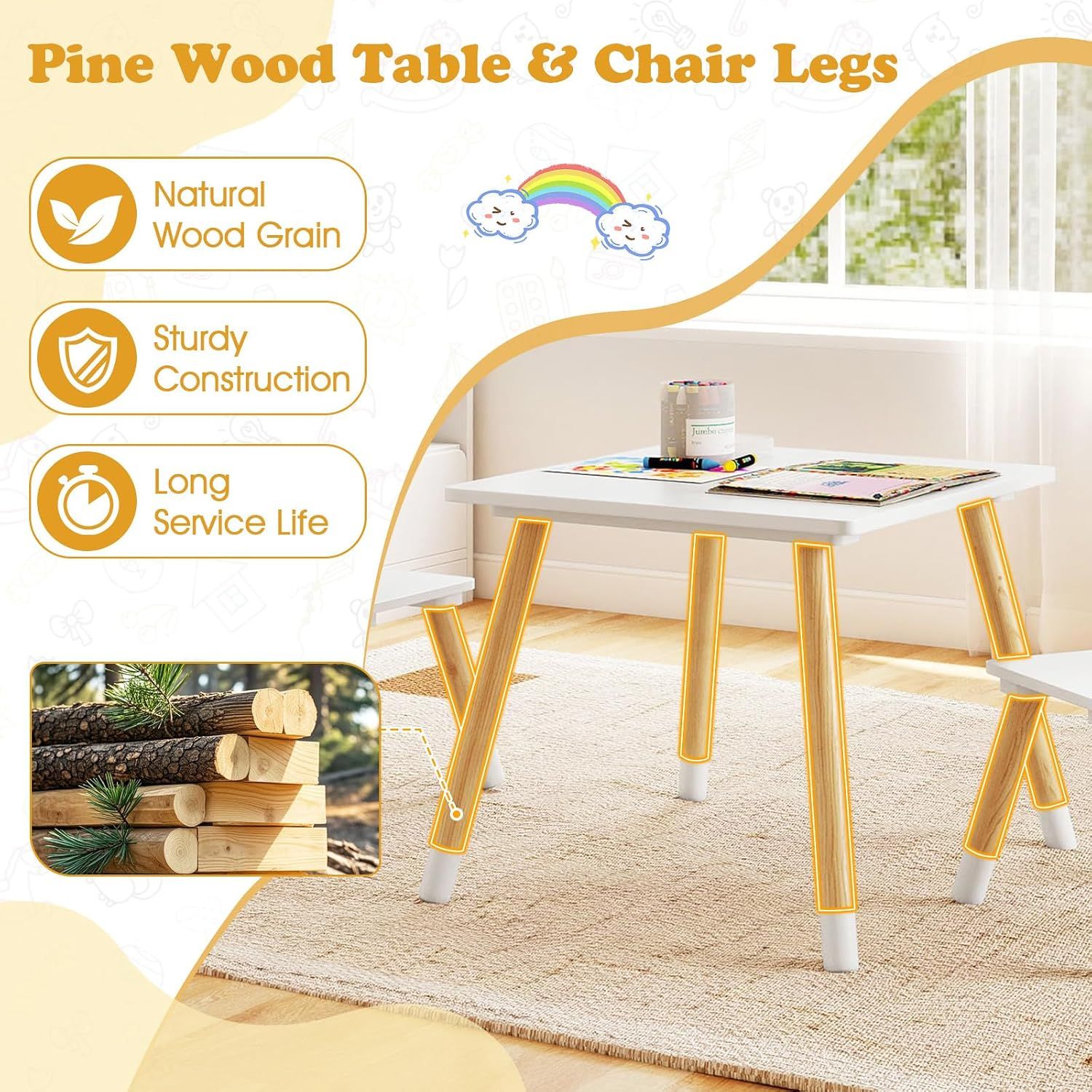 Kids Wooden Table and 2 Chairs Set, White, Froggy Backrest