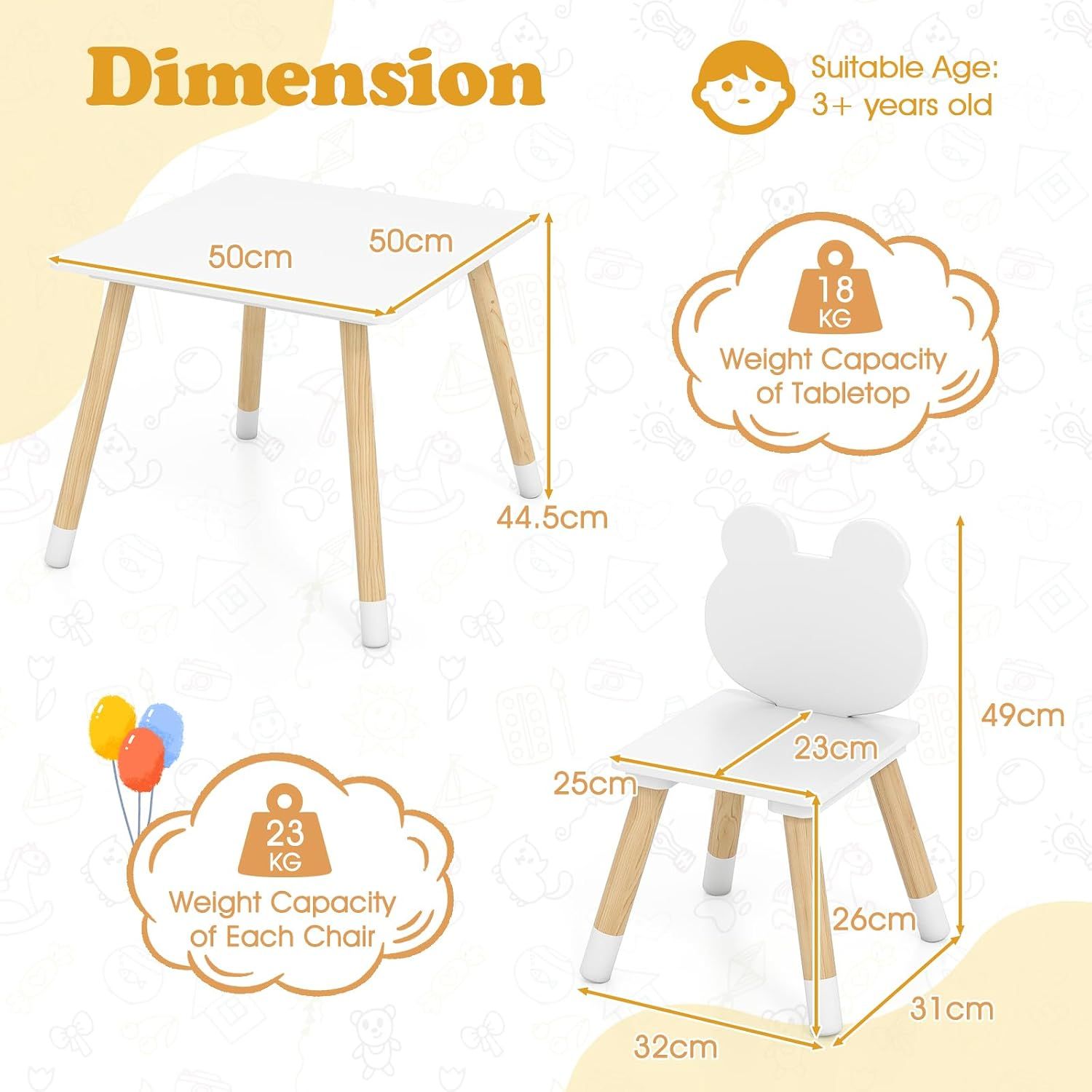 Kids Wooden Table and 2 Chairs Set, White, Froggy Backrest
