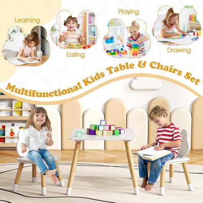 Kids Wooden Table and 2 Chairs Set, White, Froggy Backrest