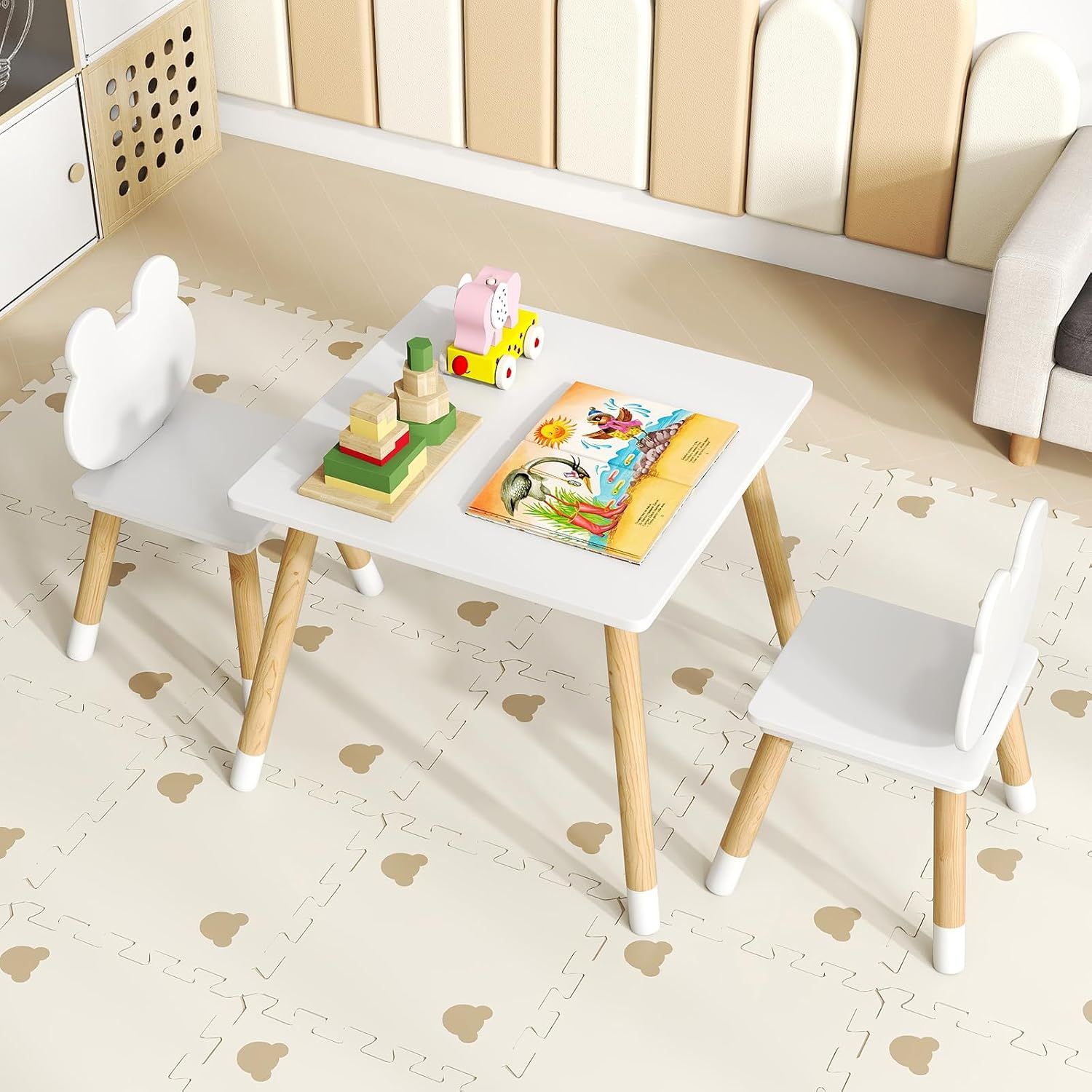 Kids Wooden Table and 2 Chairs Set, White, Froggy Backrest