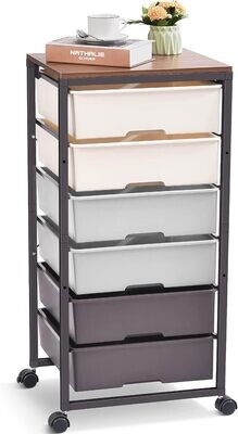 6-Drawer Rolling Storage Cart with Wooden Tabletop - Multipurpose Organizer with Lockable Wheels for Bedroom, Office, or Craft Room