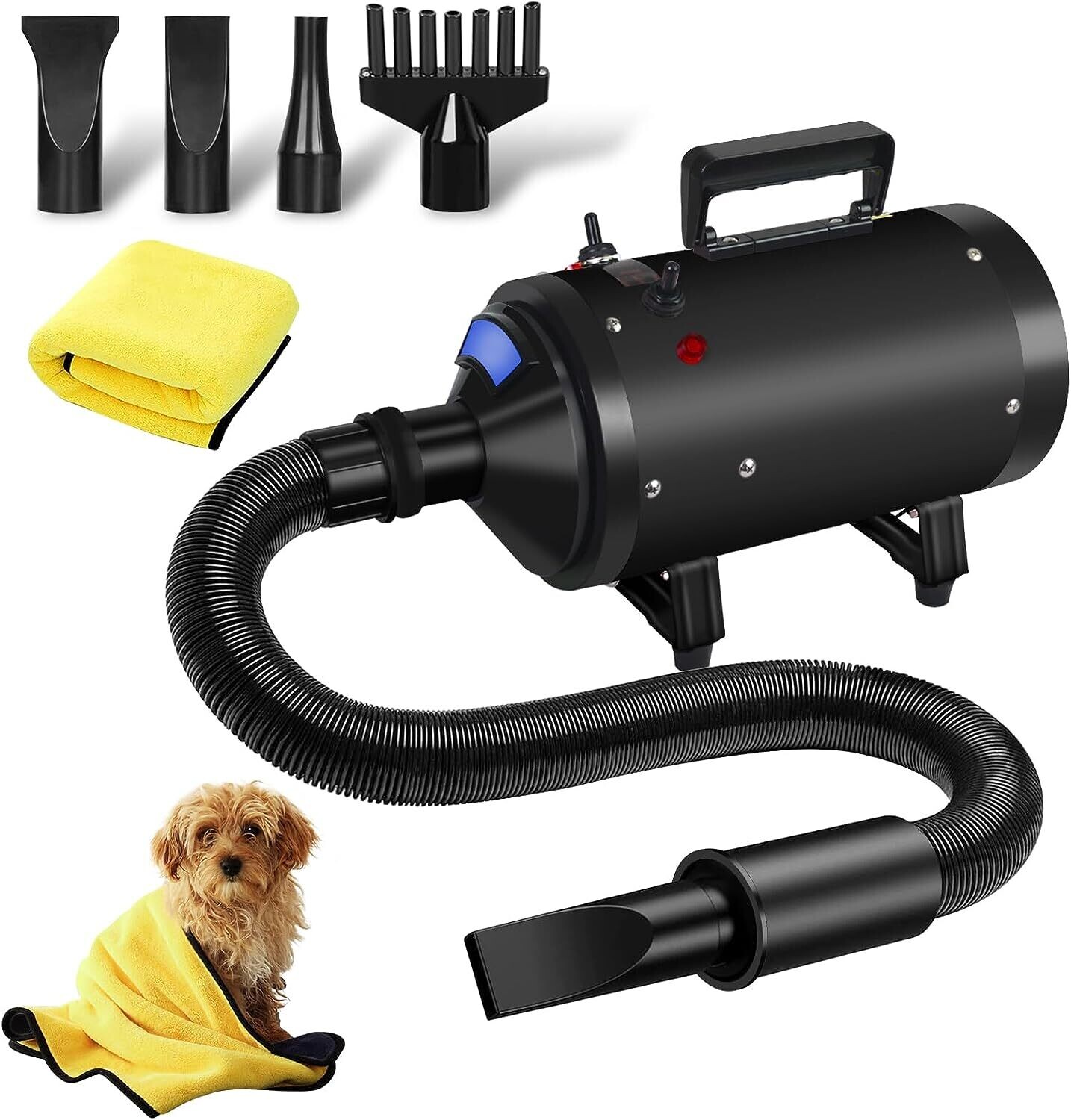 2800W High-Power Pet Grooming Hair Dryer Blaster - Fast Drying for Dogs and Cats with Adjustable Speed and Temperature, Quiet Operation, and Flexible Hose for Professional Grooming, Colour Name:: Black