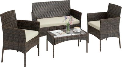 Rattan Garden Furniture 4-Piece Garden Rattan Sofa Set – Beige
