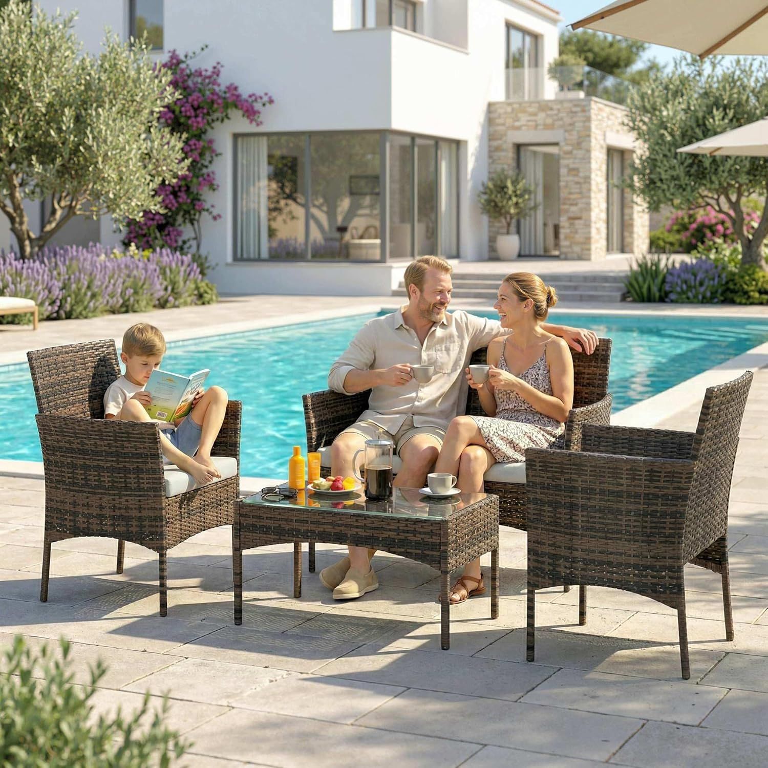 Rattan Garden Furniture 4-Piece Garden Rattan Sofa Set – Beige