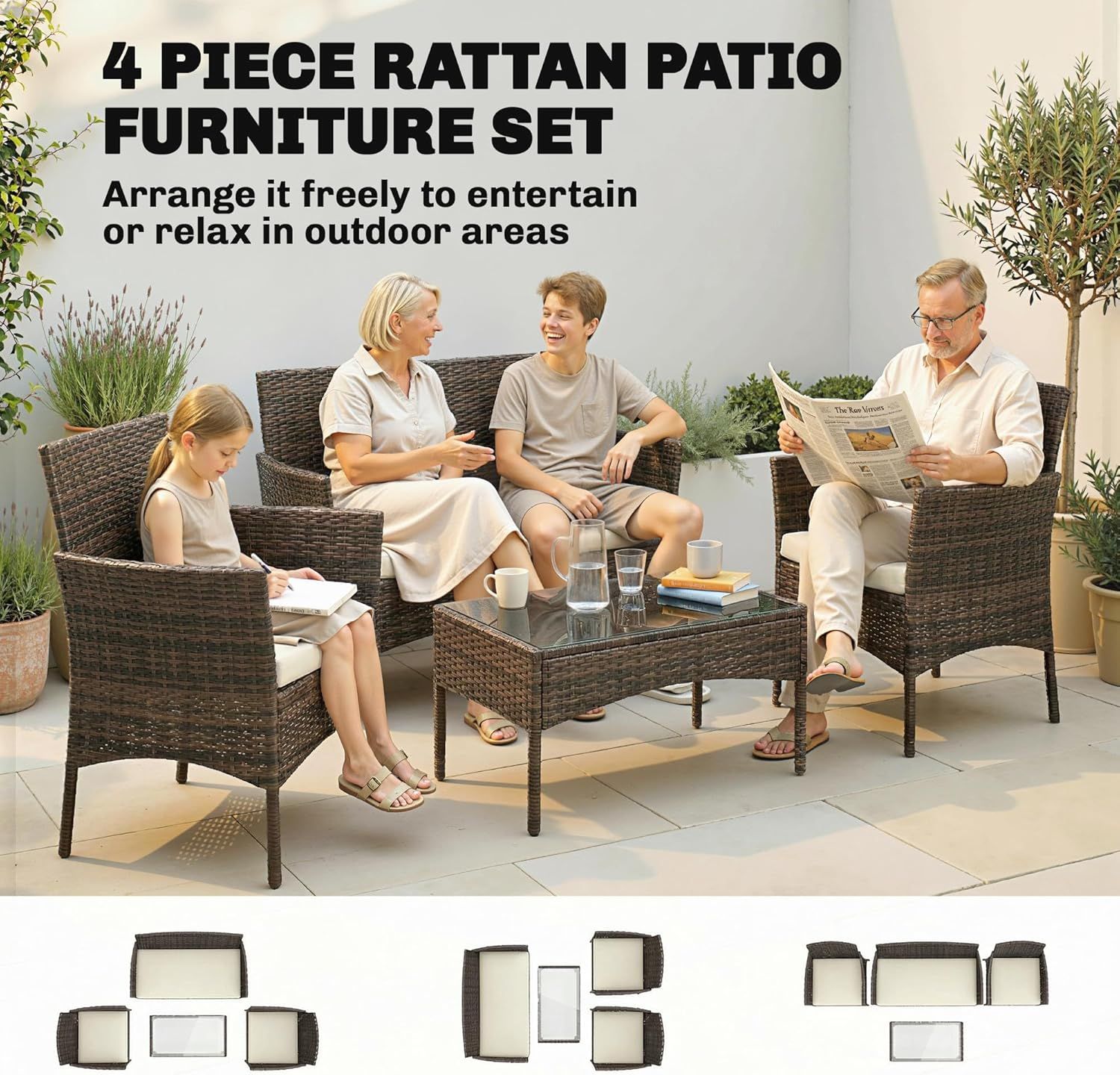 Rattan Garden Furniture 4-Piece Garden Rattan Sofa Set – Beige