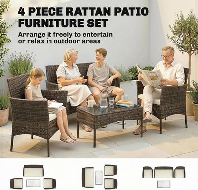 Rattan Garden Furniture 4-Piece Garden Rattan Sofa Set – Beige