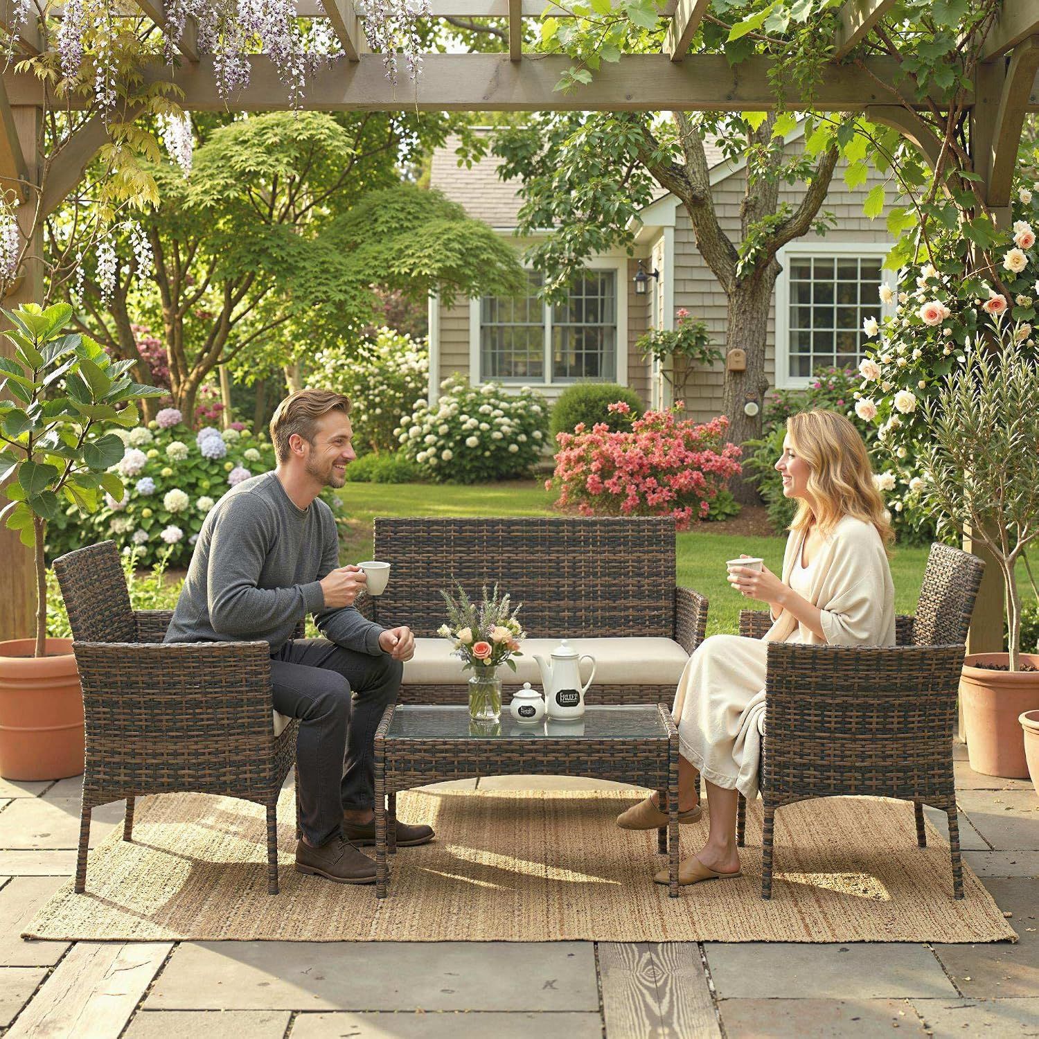 Rattan Garden Furniture 4-Piece Garden Rattan Sofa Set – Beige