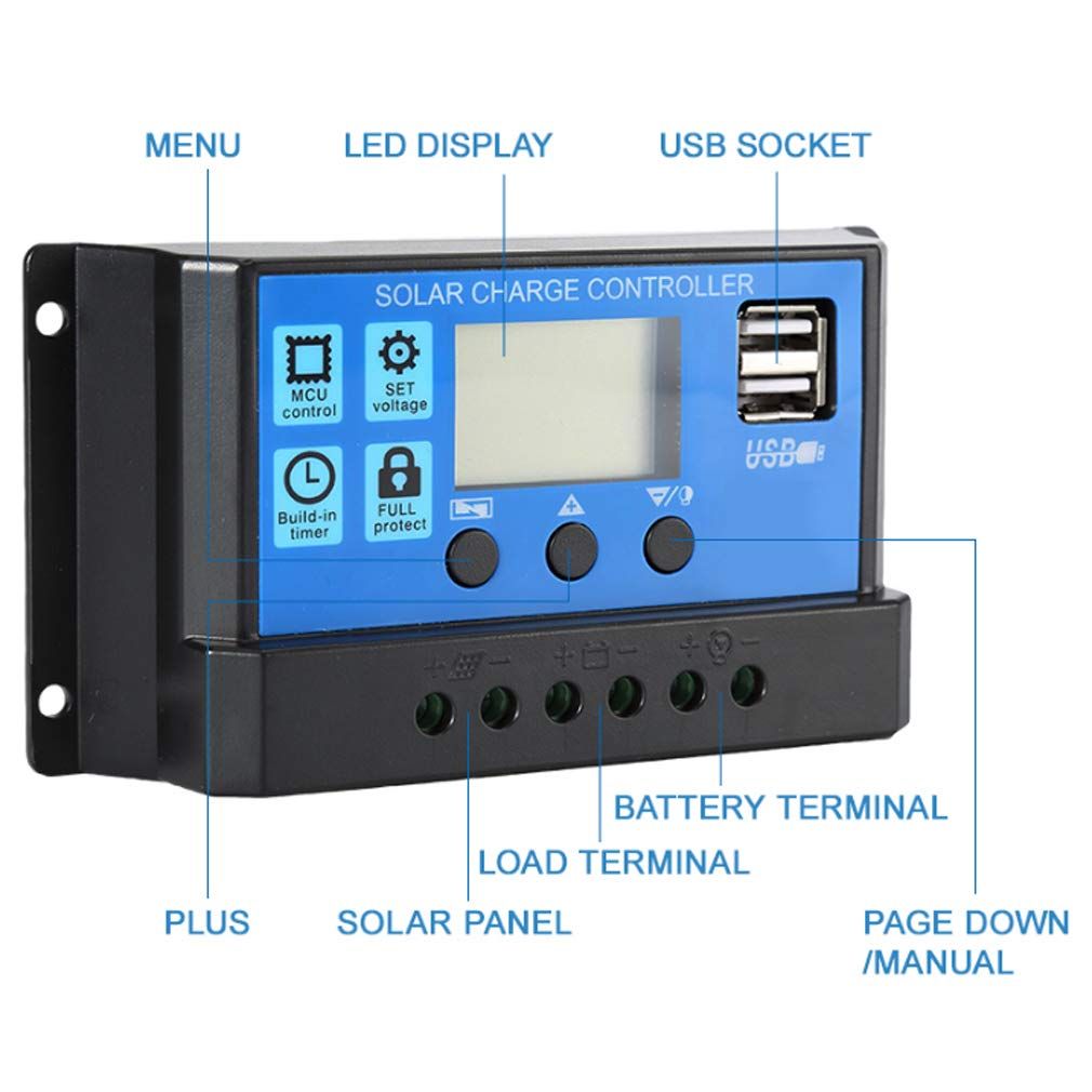 Solar Charge Controller 12V/24V 30A Solar Charge Controller – LCD Display &amp; Dual USB Output