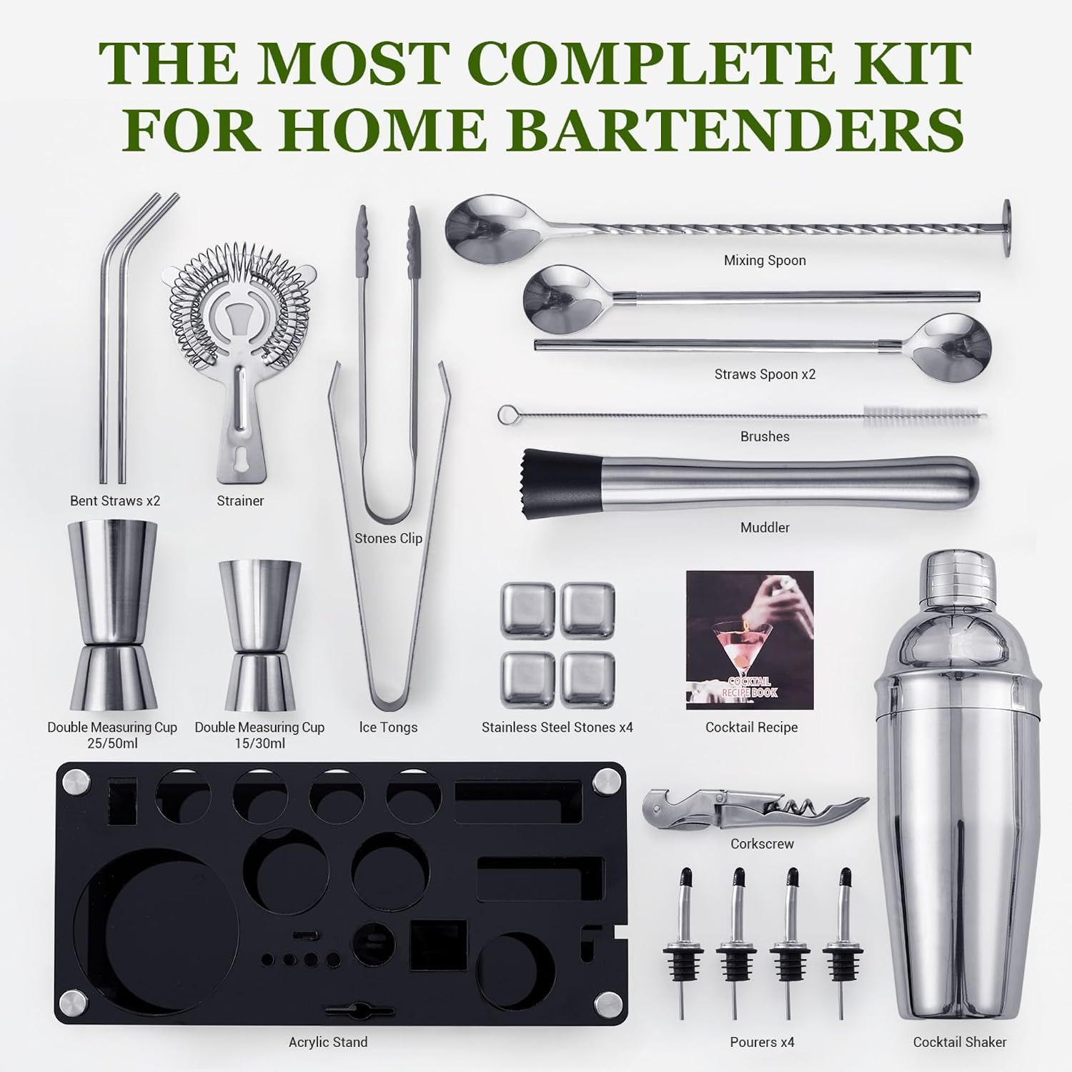 23 Piece Cocktail Making Kit Stainless Steel Bartender Set with Stand