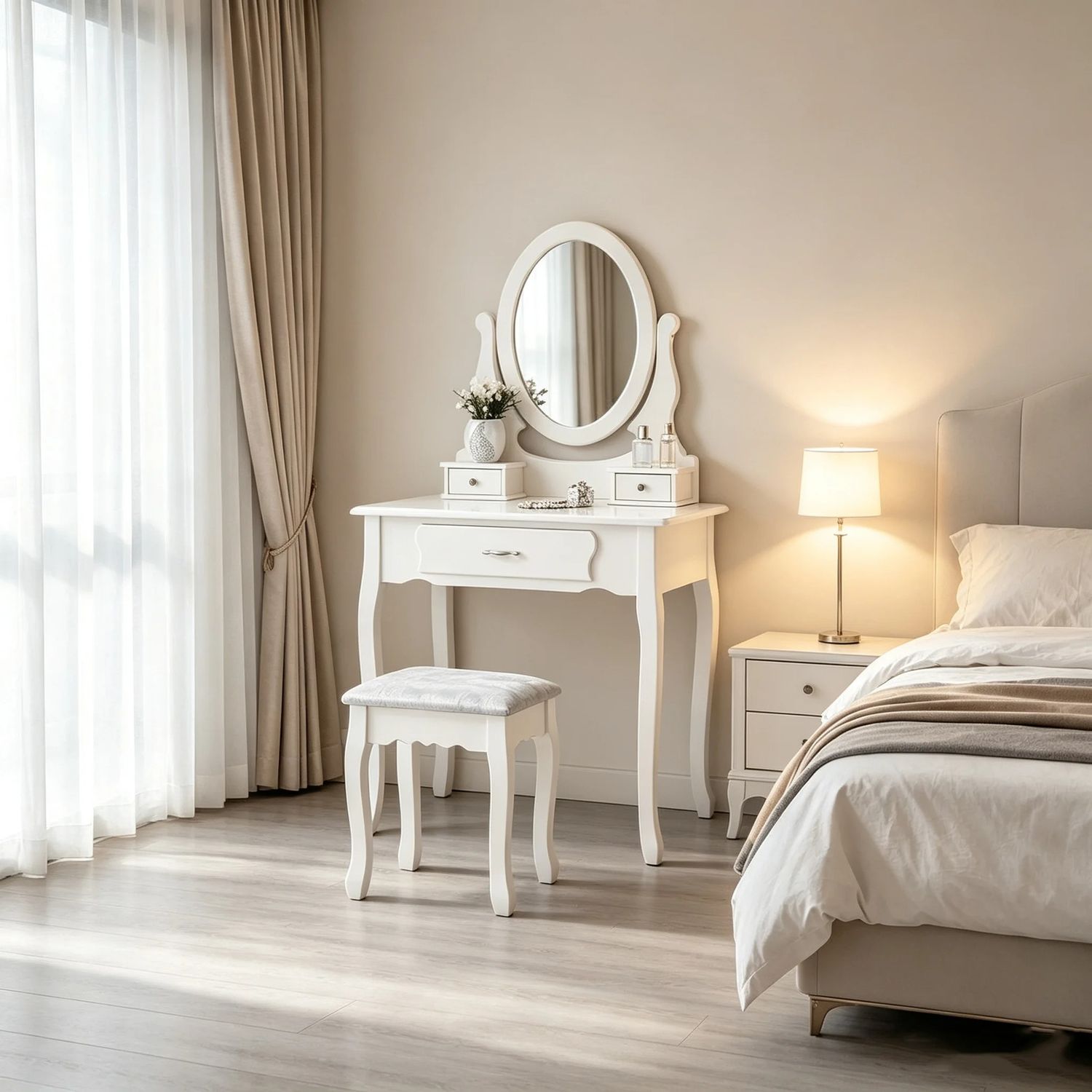 Rosahqnda Dressing Table with Mirror, 3 Drawers &amp; Padded Stool — 360° Rotating Mirror, White Makeup Vanity Desk for Bedroom &amp; Small Spaces