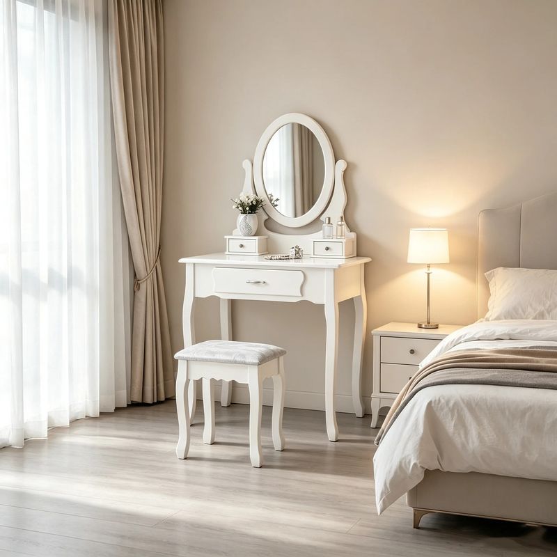 Rosahqnda Dressing Table with Mirror, 3 Drawers &amp; Padded Stool — 360° Rotating Mirror, White Makeup Vanity Desk for Bedroom &amp; Small Spaces