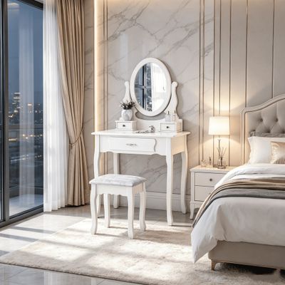 Rosahqnda Dressing Table with Mirror, 3 Drawers &amp; Padded Stool — 360° Rotating Mirror, White Makeup Vanity Desk for Bedroom &amp; Small Spaces