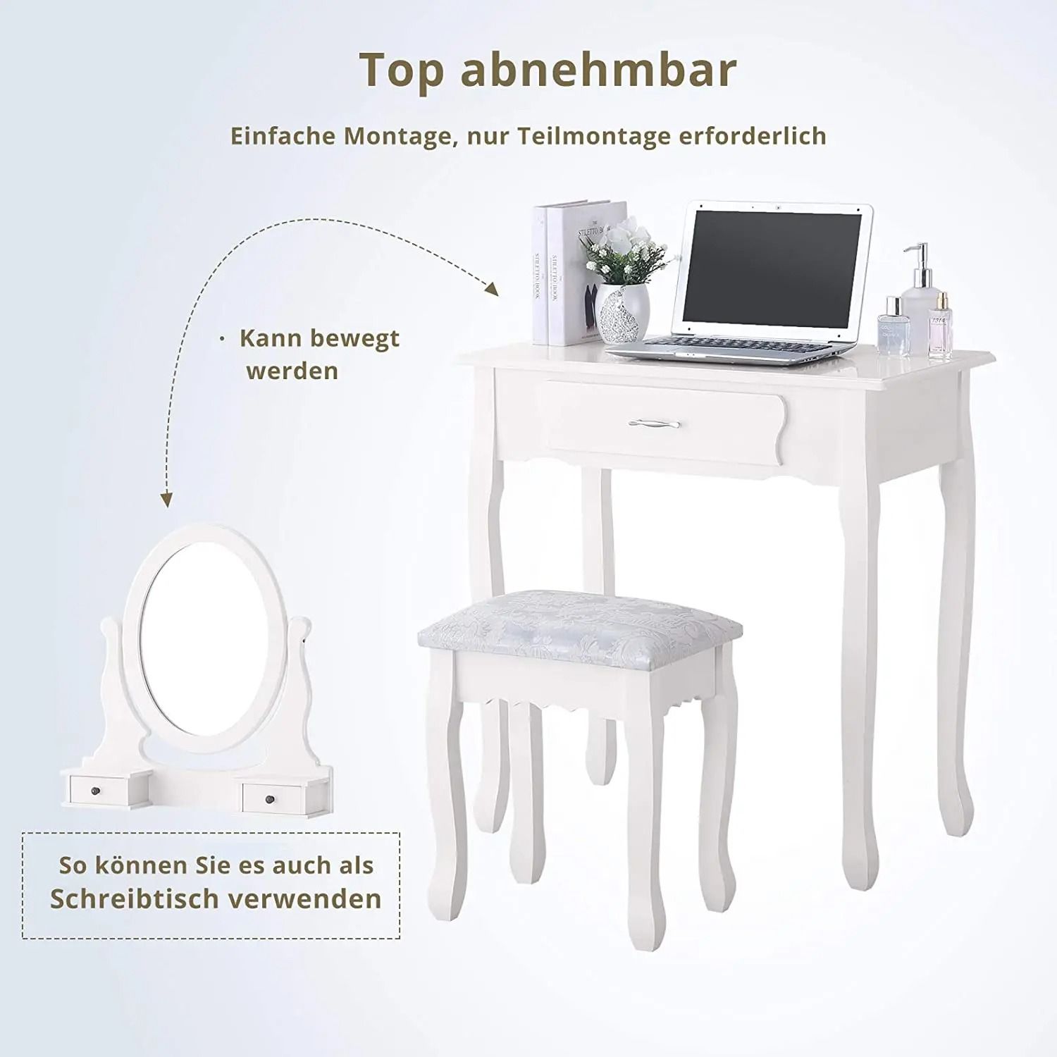 Rosahqnda Dressing Table with Mirror, 3 Drawers &amp; Padded Stool — 360° Rotating Mirror, White Makeup Vanity Desk for Bedroom &amp; Small Spaces