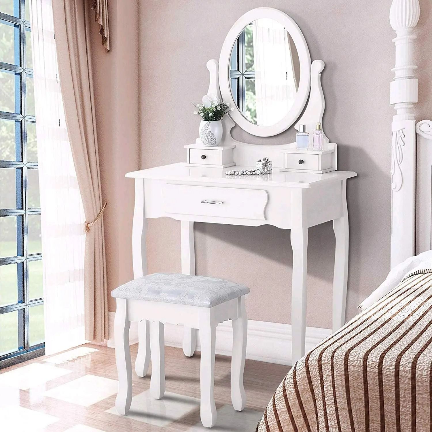 Rosahqnda Dressing Table with Mirror, 3 Drawers &amp; Padded Stool — 360° Rotating Mirror, White Makeup Vanity Desk for Bedroom &amp; Small Spaces