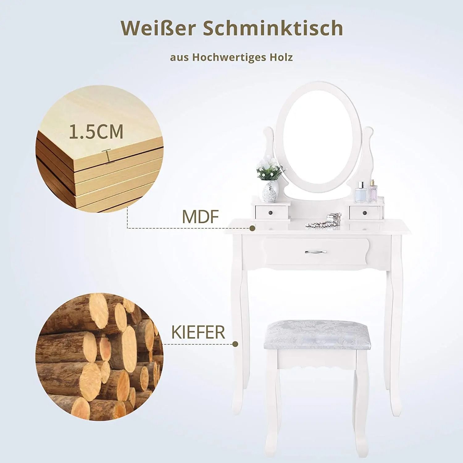 Rosahqnda Dressing Table with Mirror, 3 Drawers &amp; Padded Stool — 360° Rotating Mirror, White Makeup Vanity Desk for Bedroom &amp; Small Spaces