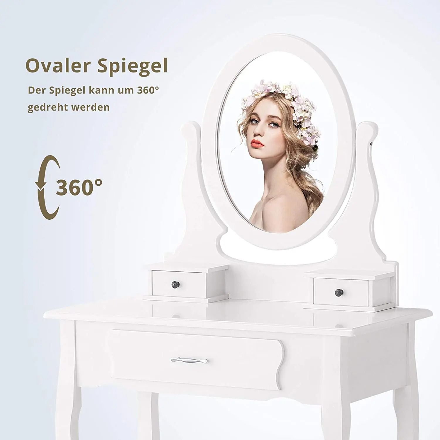 Rosahqnda Dressing Table with Mirror, 3 Drawers &amp; Padded Stool — 360° Rotating Mirror, White Makeup Vanity Desk for Bedroom &amp; Small Spaces