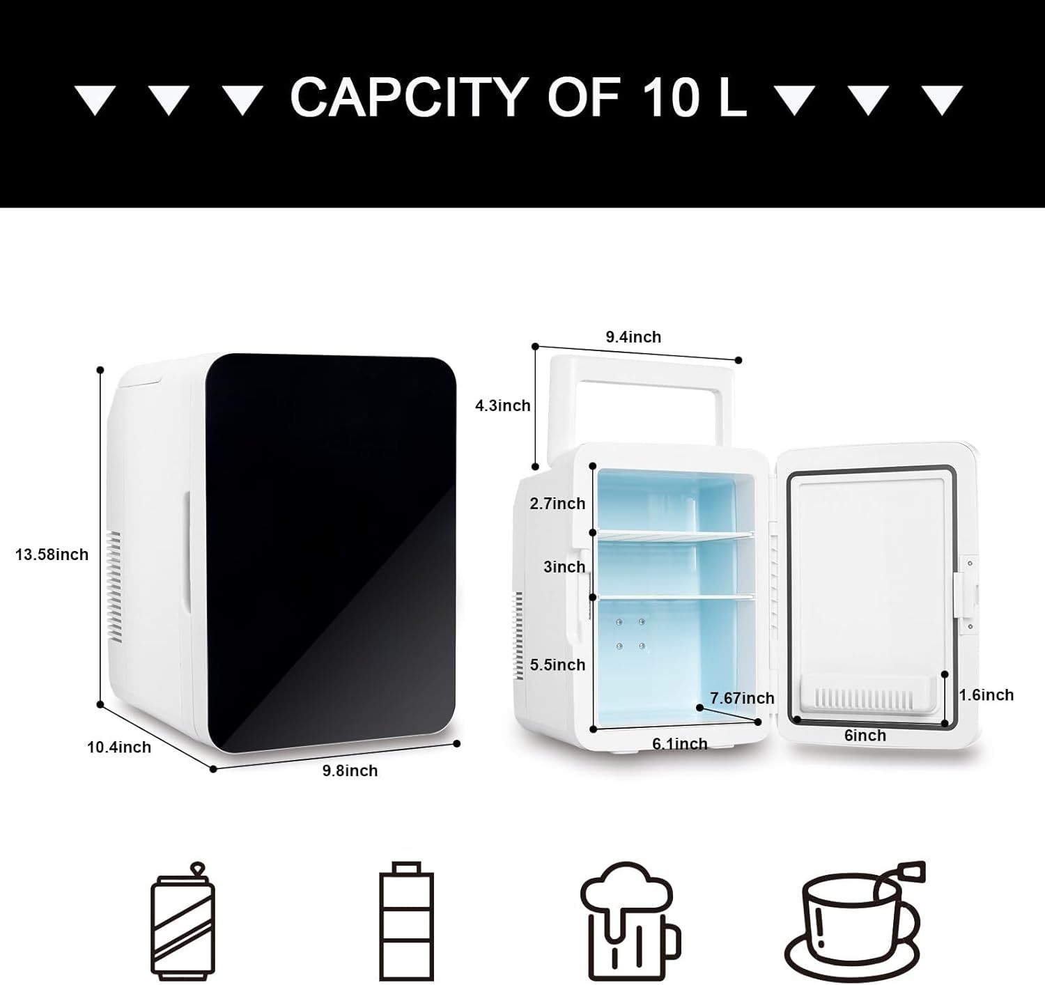 Portable Beauty Mini Fridge — 10L Capacity, 12 Cans, AC/DC Powered, Quiet Operation, Skincare Cosmetic Cooler for Bedroom, Office &amp; Car — Black, Energy Class F