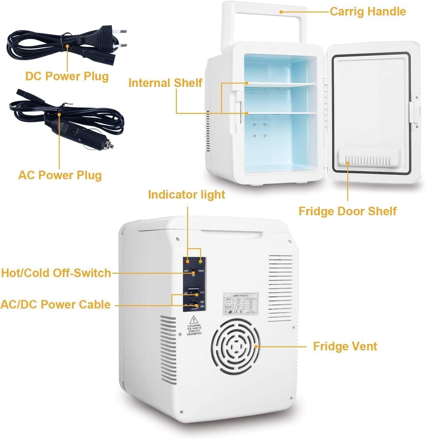 Portable Beauty Mini Fridge — 10L Capacity, 12 Cans, AC/DC Powered, Quiet Operation, Skincare Cosmetic Cooler for Bedroom, Office &amp; Car — Black, Energy Class F