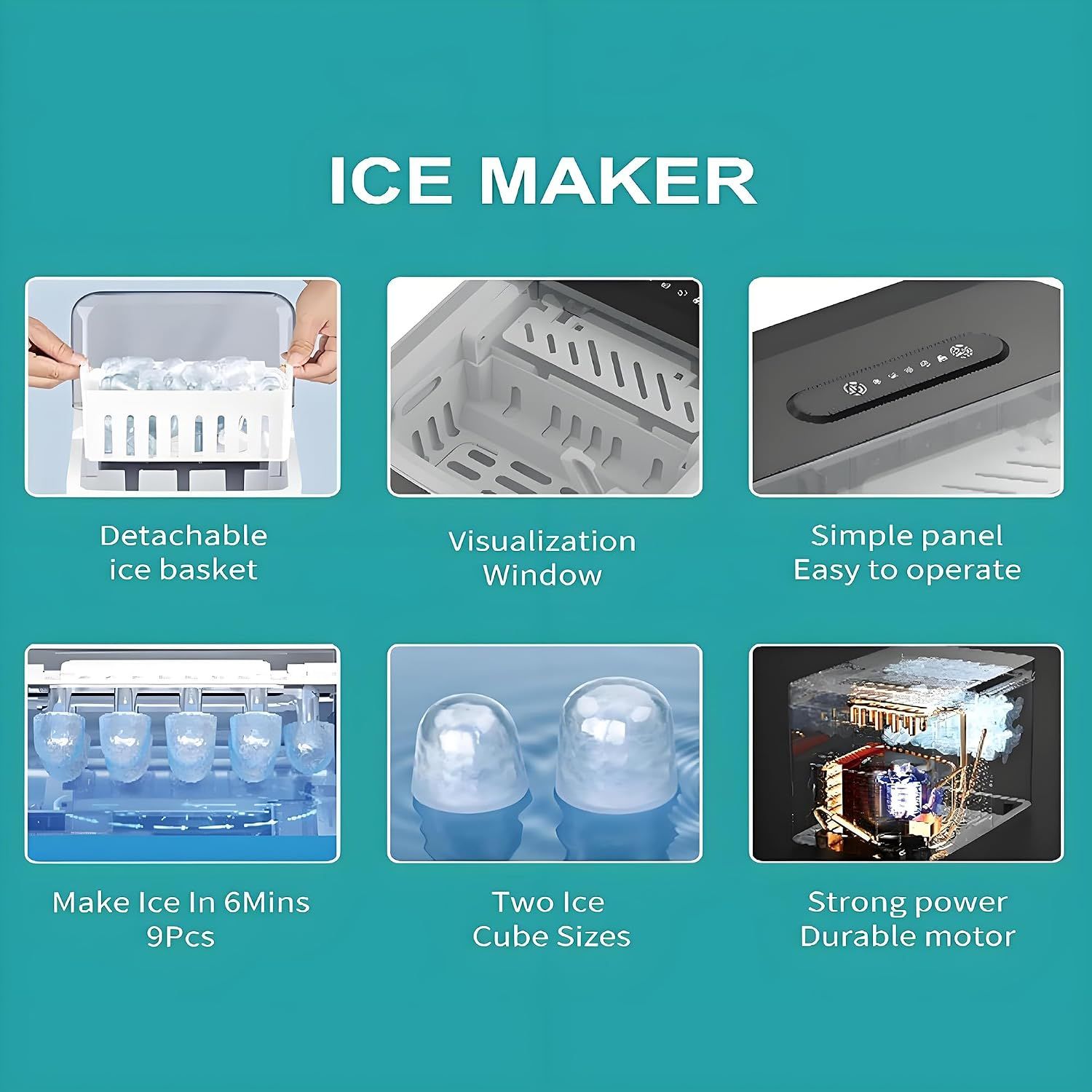 Countertop Ice Maker Machine 12kg/24h, Portable Electric Ice Cube Maker with 6-Minute Ice, 2 Ice Sizes &amp; Self-Cleaning