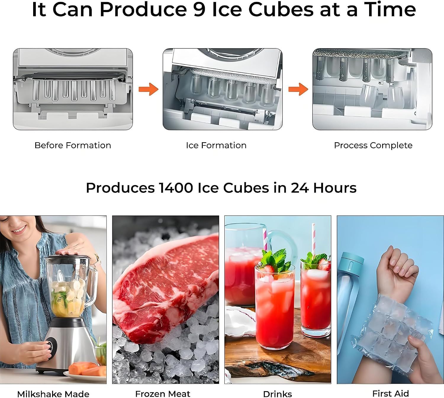 Countertop Ice Maker Machine 12kg/24h, Portable Electric Ice Cube Maker with 6-Minute Ice, 2 Ice Sizes &amp; Self-Cleaning