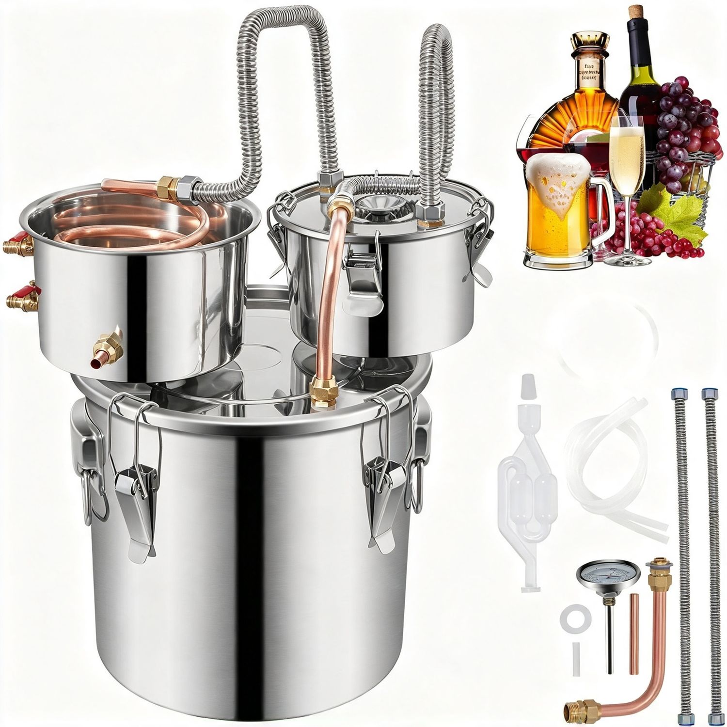 Stainless Steel Alcohol Distillation Kit with Copper Condenser &amp; Thumper Keg