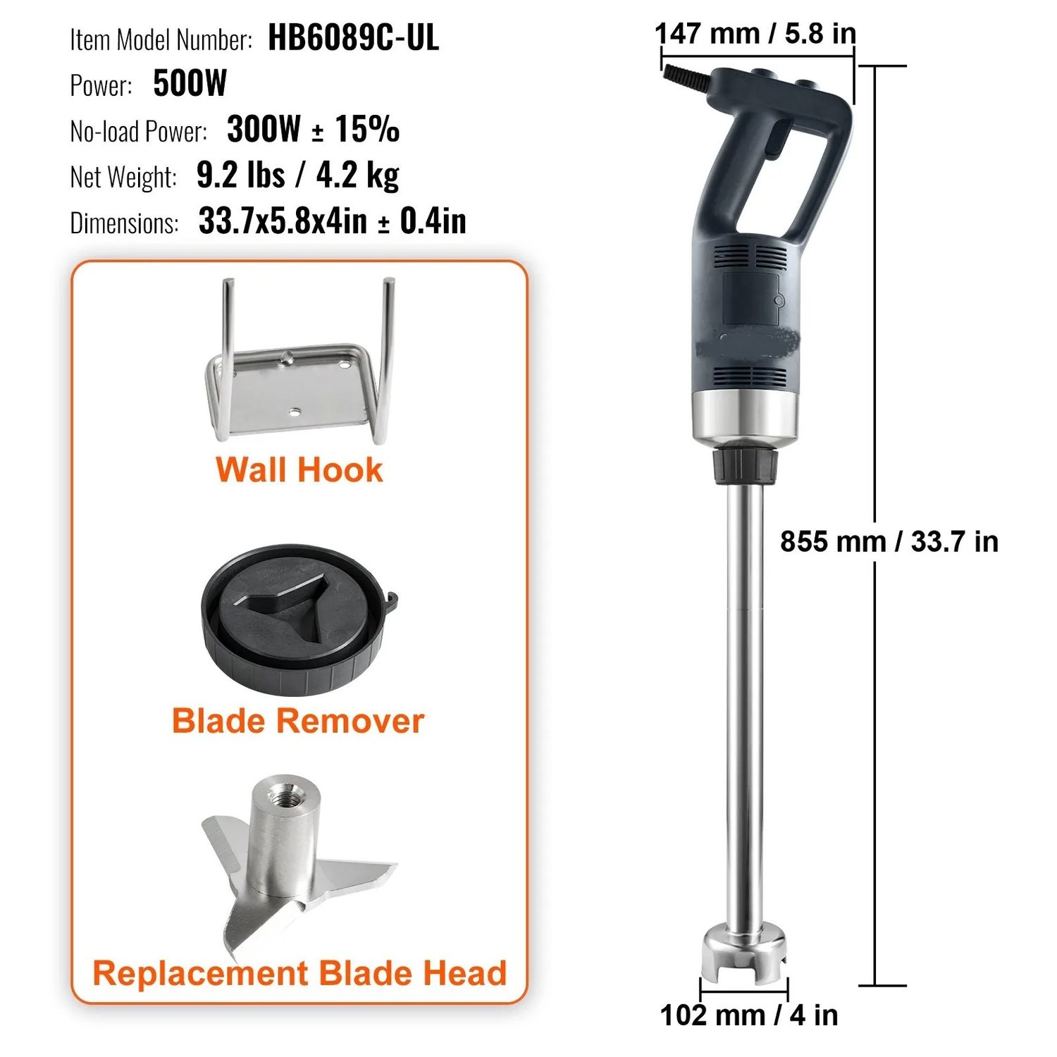 Commercial Immersion Blender 500W Heavy Duty