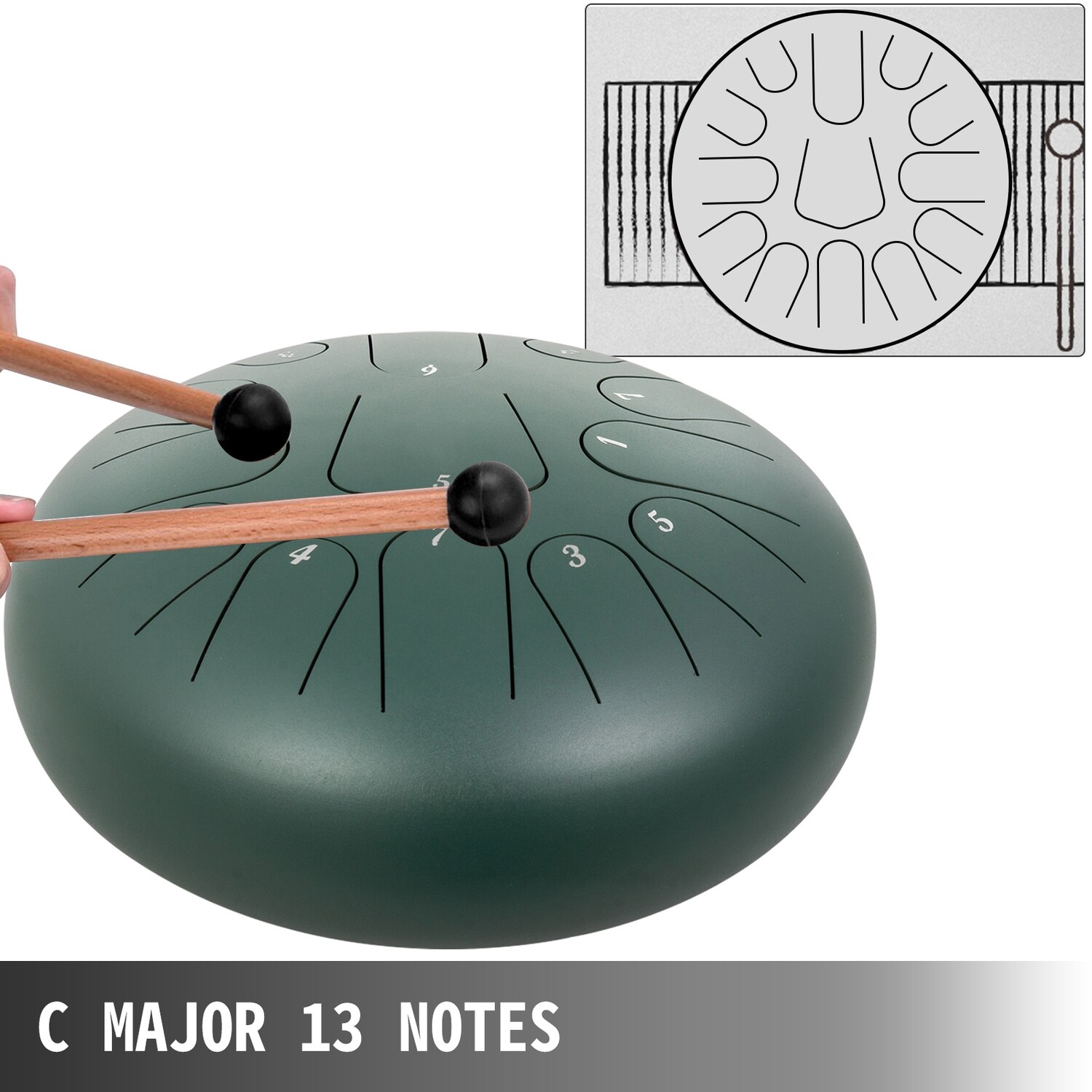12" 13-Note Pan Drum – Green Steel Tongue Handpan with Music Book for Melodic Play