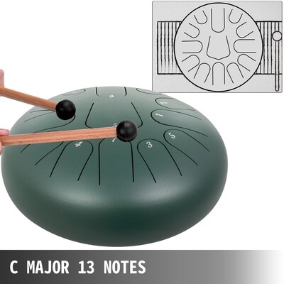 12" 13-Note Pan Drum – Green Steel Tongue Handpan with Music Book for Melodic Play