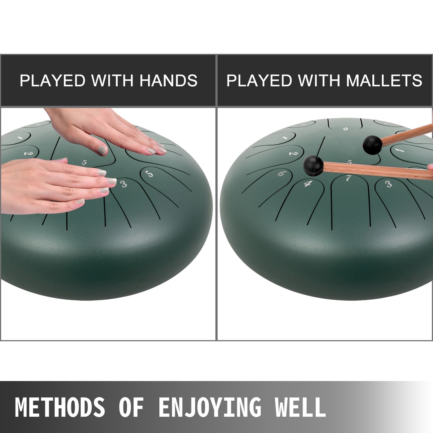 12" 13-Note Pan Drum – Green Steel Tongue Handpan with Music Book for Melodic Play