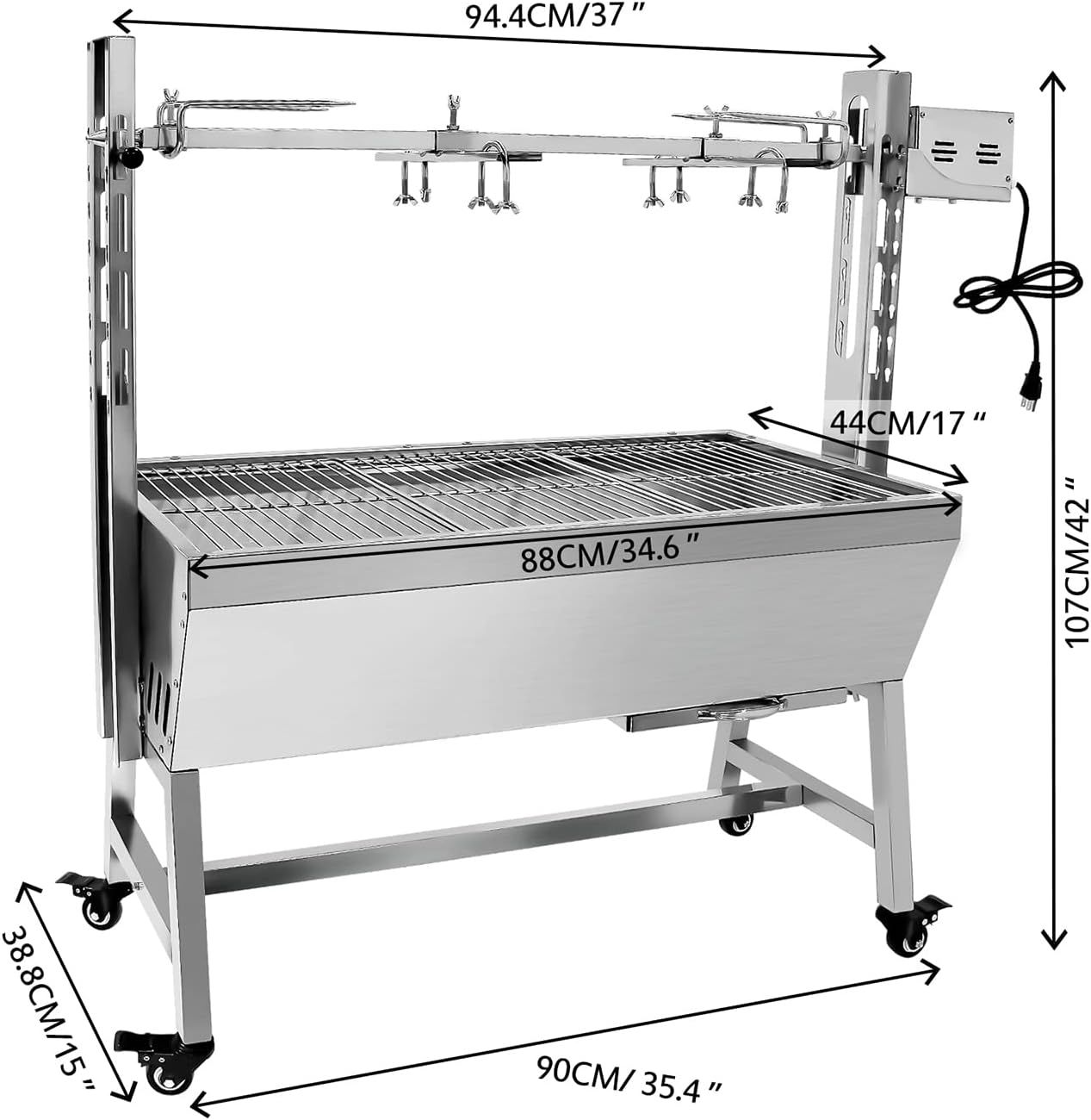 25W 37 Inch BBQ Rotisserie Grill, Stainless Steel Charcoal Spit Roaster with Electric Motor for Pig, Lamb &amp; Goat