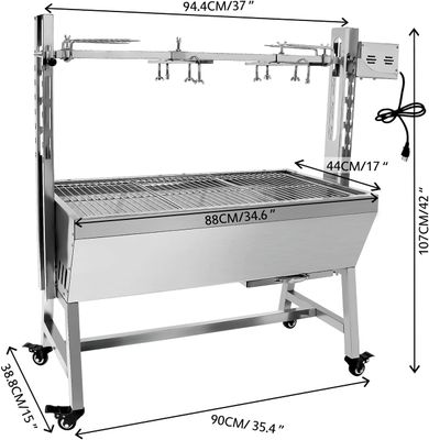 25W 37 Inch BBQ Rotisserie Grill, Stainless Steel Charcoal Spit Roaster with Electric Motor for Pig, Lamb &amp; Goat