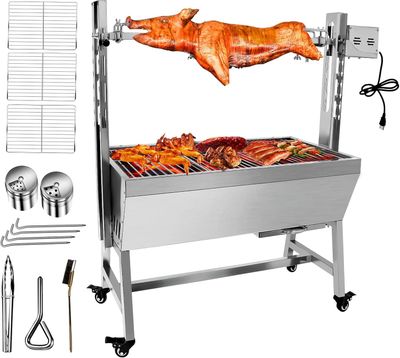 25W 37 Inch BBQ Rotisserie Grill, Stainless Steel Charcoal Spit Roaster with Electric Motor for Pig, Lamb &amp; Goat