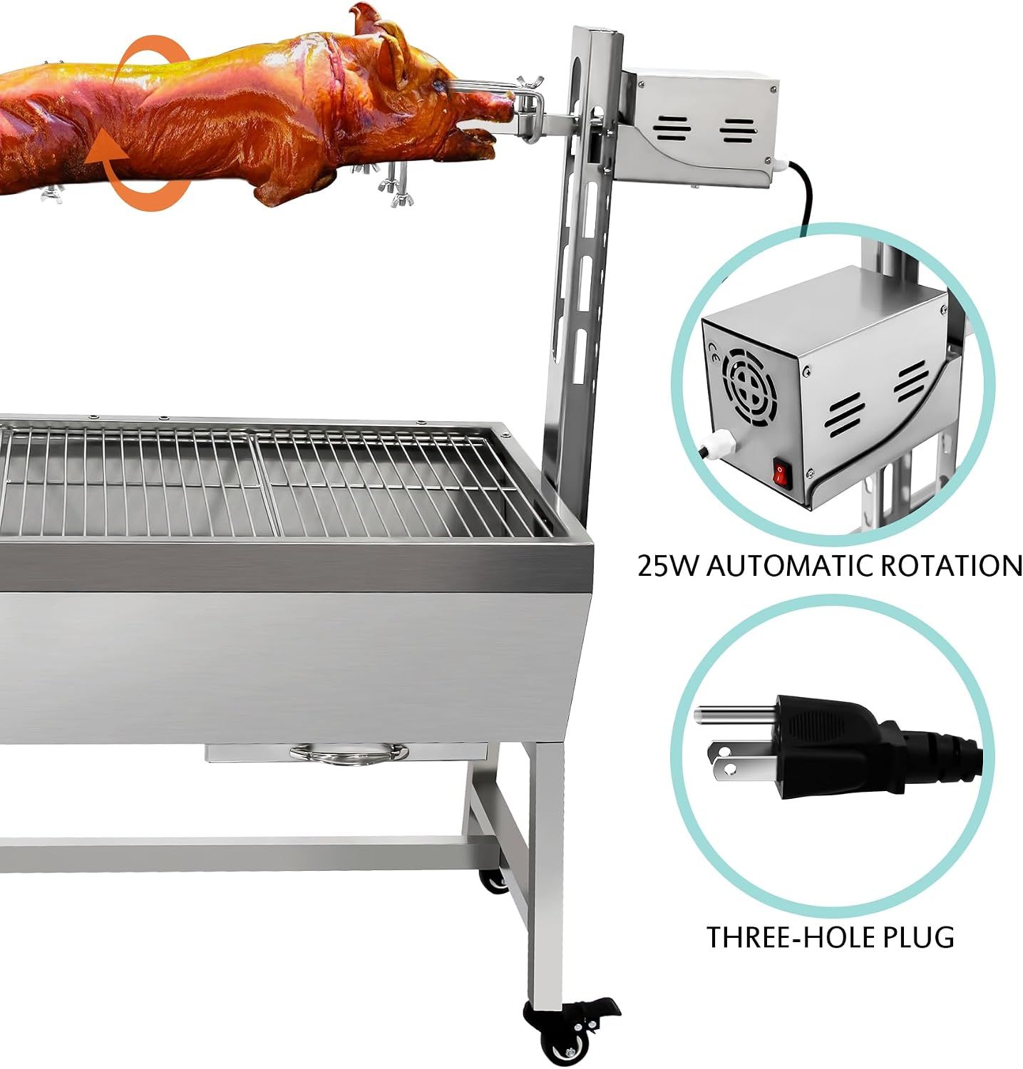25W 37 Inch BBQ Rotisserie Grill, Stainless Steel Charcoal Spit Roaster with Electric Motor for Pig, Lamb &amp; Goat