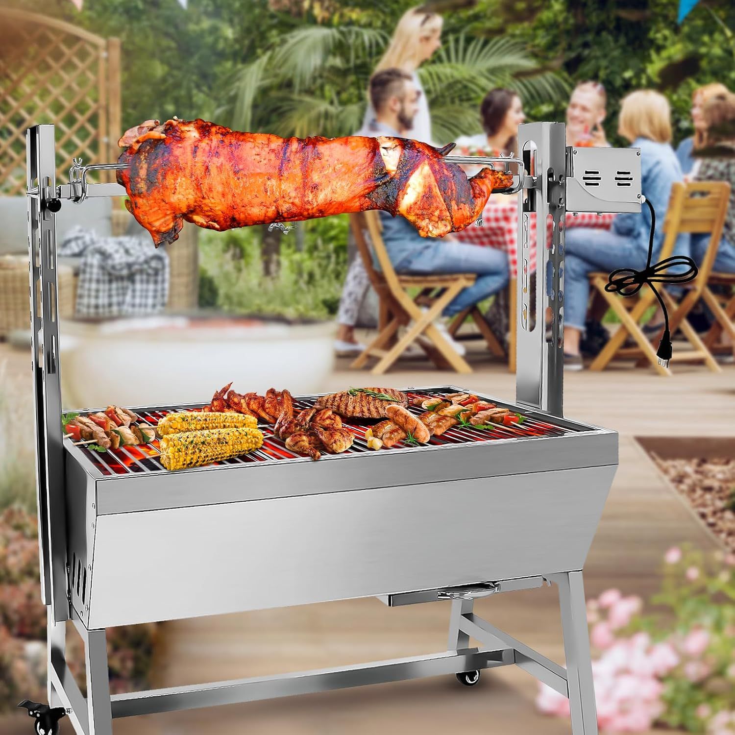 25W 37 Inch BBQ Rotisserie Grill, Stainless Steel Charcoal Spit Roaster with Electric Motor for Pig, Lamb &amp; Goat