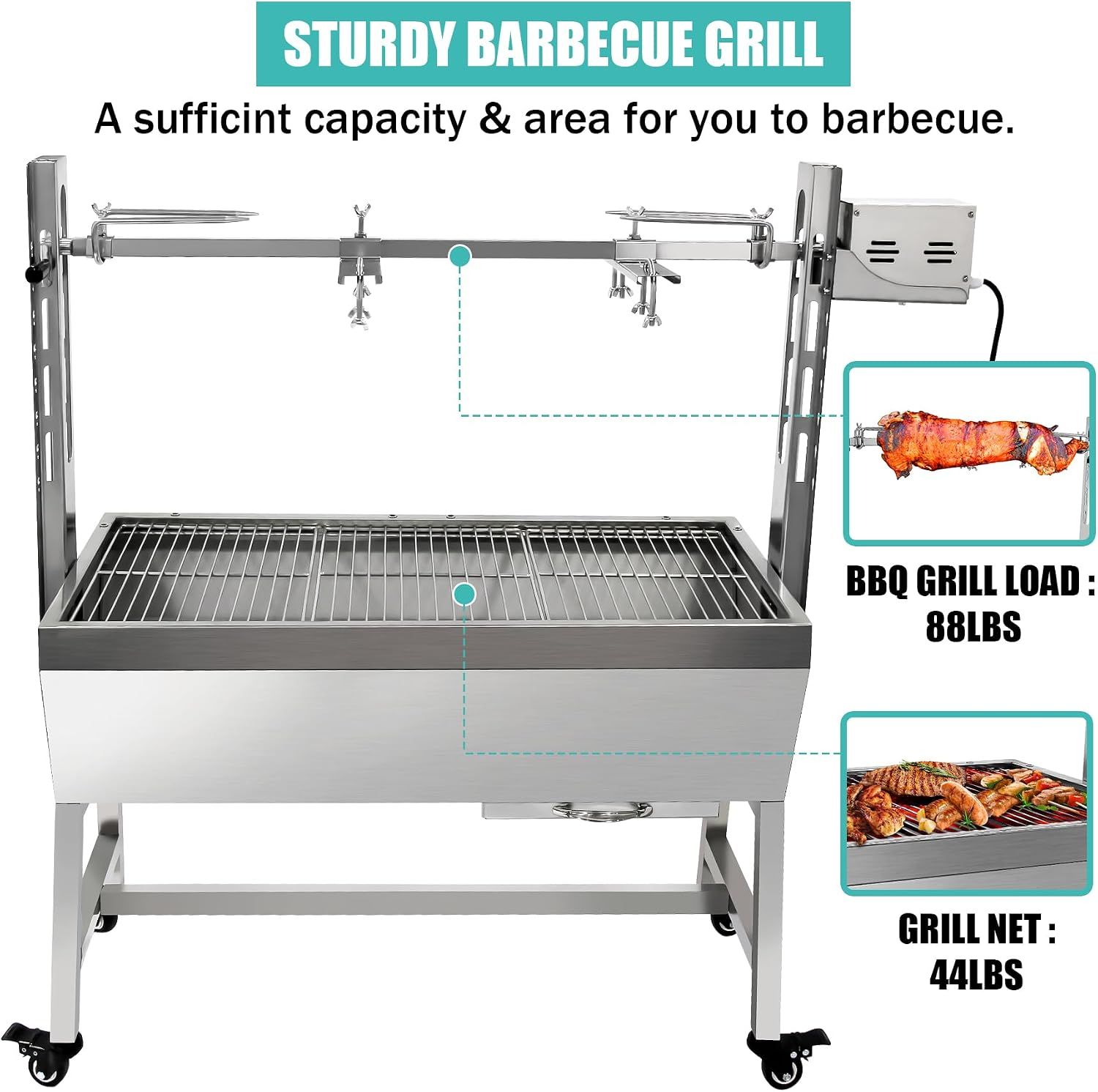 25W 37 Inch BBQ Rotisserie Grill, Stainless Steel Charcoal Spit Roaster with Electric Motor for Pig, Lamb &amp; Goat