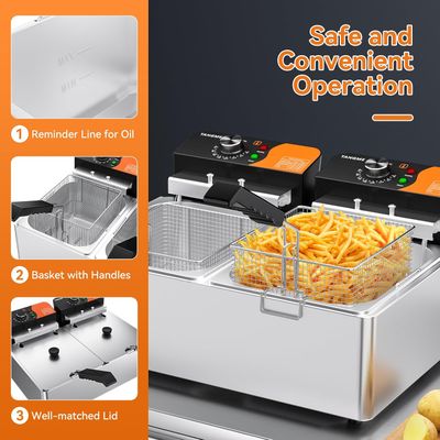 Commercial Electric Deep Fryer 5000W 20L Stainless Steel Countertop Fryer 2 Basket